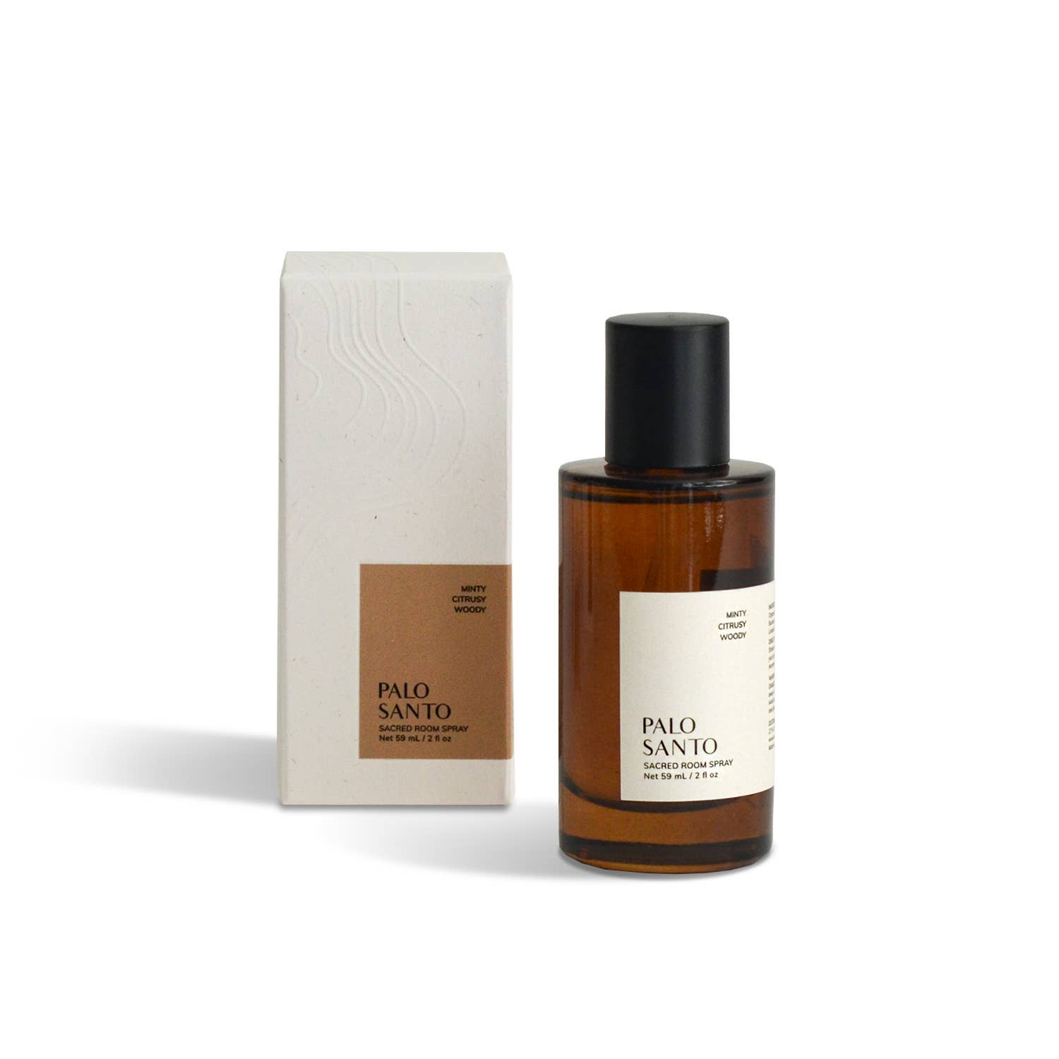 The Cedar and Myrrh Palo Santo Sacred Room Spray - Clearing & Centering comes in a brown glass bottle with a black cap, shown next to its minimalist box—ideal for energy cleansing—against a white background.