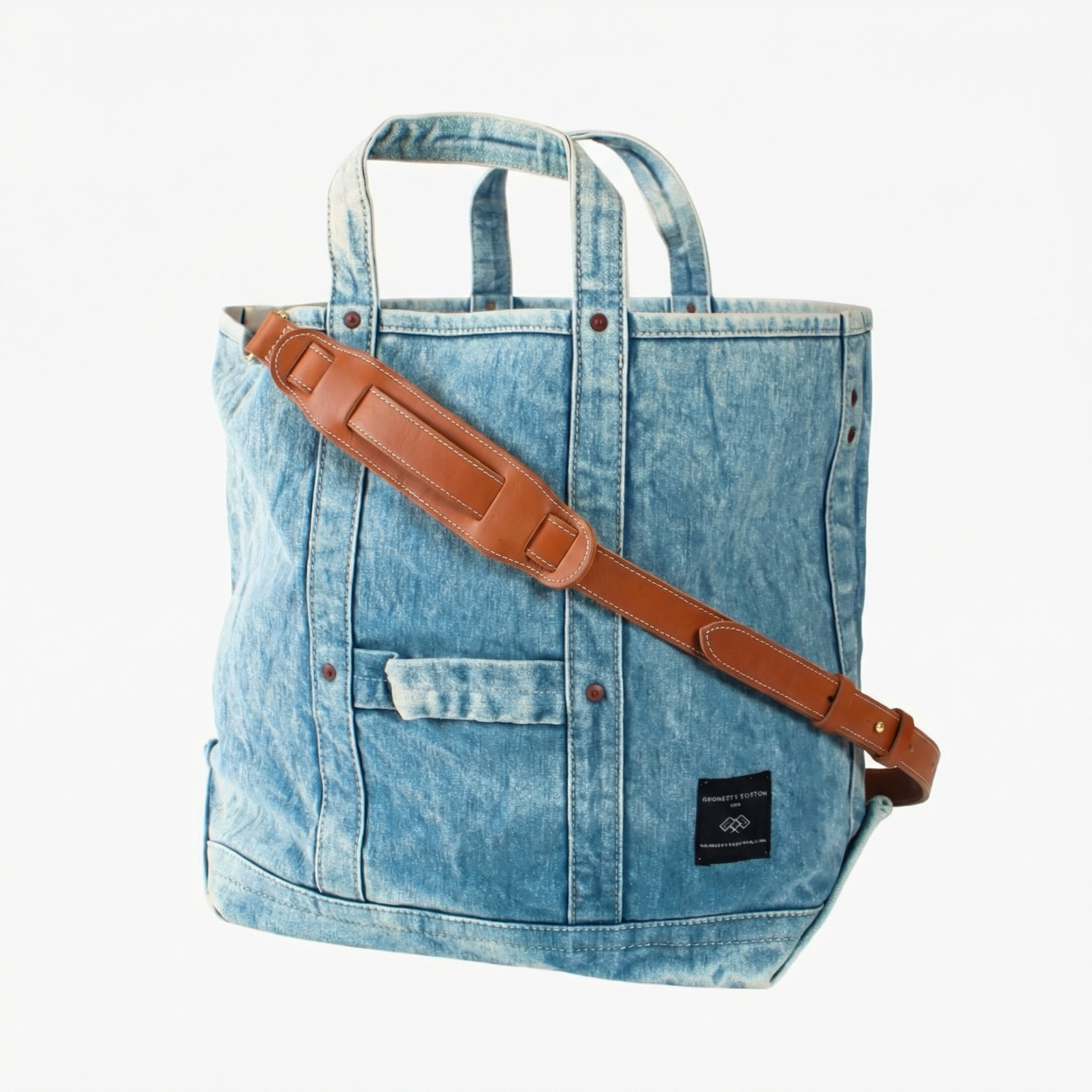 Electrician Tote | Acid Wash with adjustable brown leather strap and durable denim fabric in a casual, stylish design.