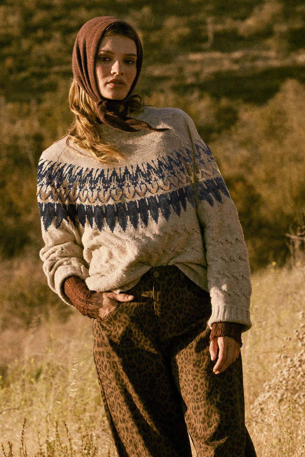 Cable Knit Fair Isle Raglan-Sleeve Sweater