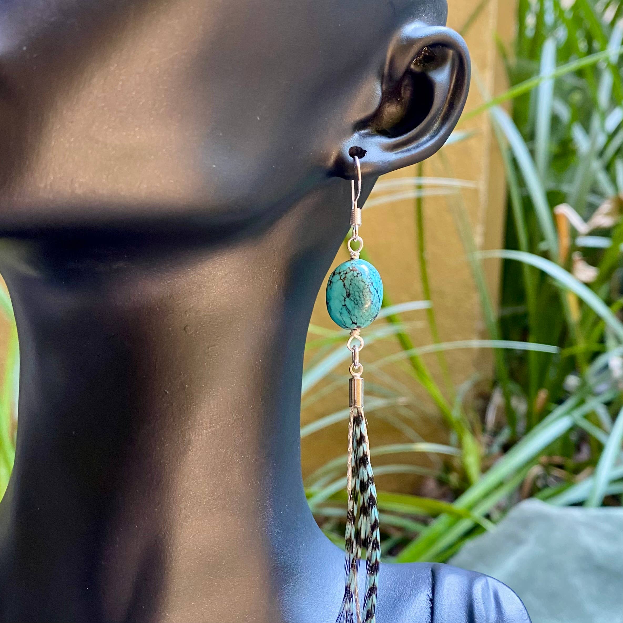 Turquoise & Mini Feather Earrings - Teal Grizzly/Silver