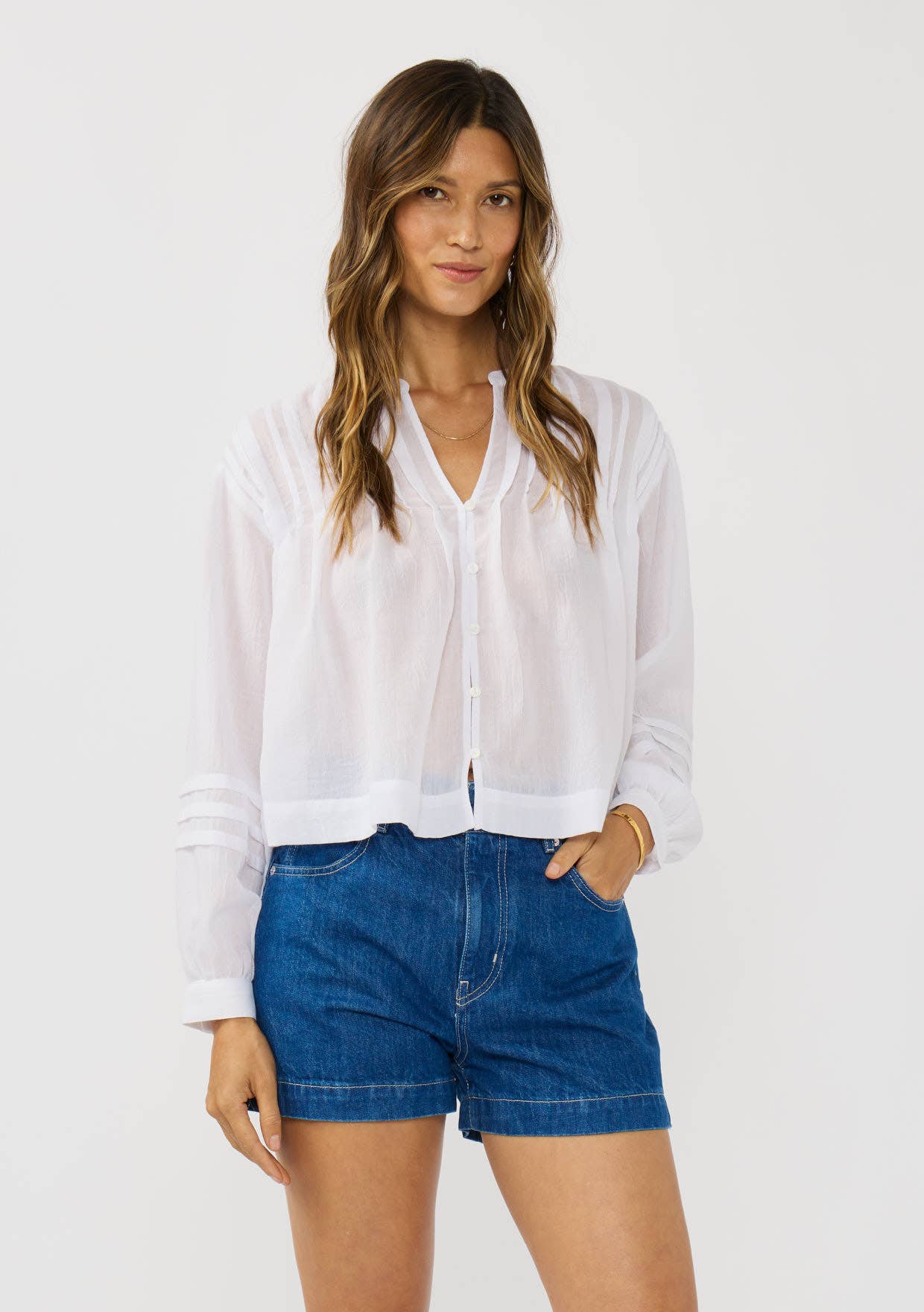 Pintuck Pleated Button-Down Blouse: White / S