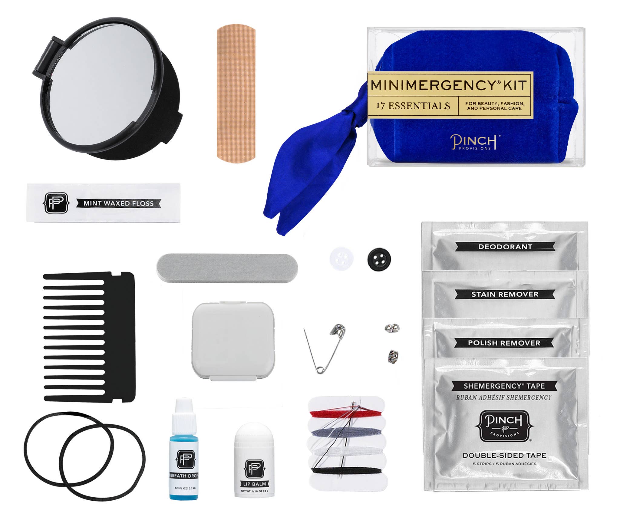 Velvet Scarf Minimergency Kit with essentials like mirror, floss, comb, tape, balm, and sewing supplies for quick fixes and care