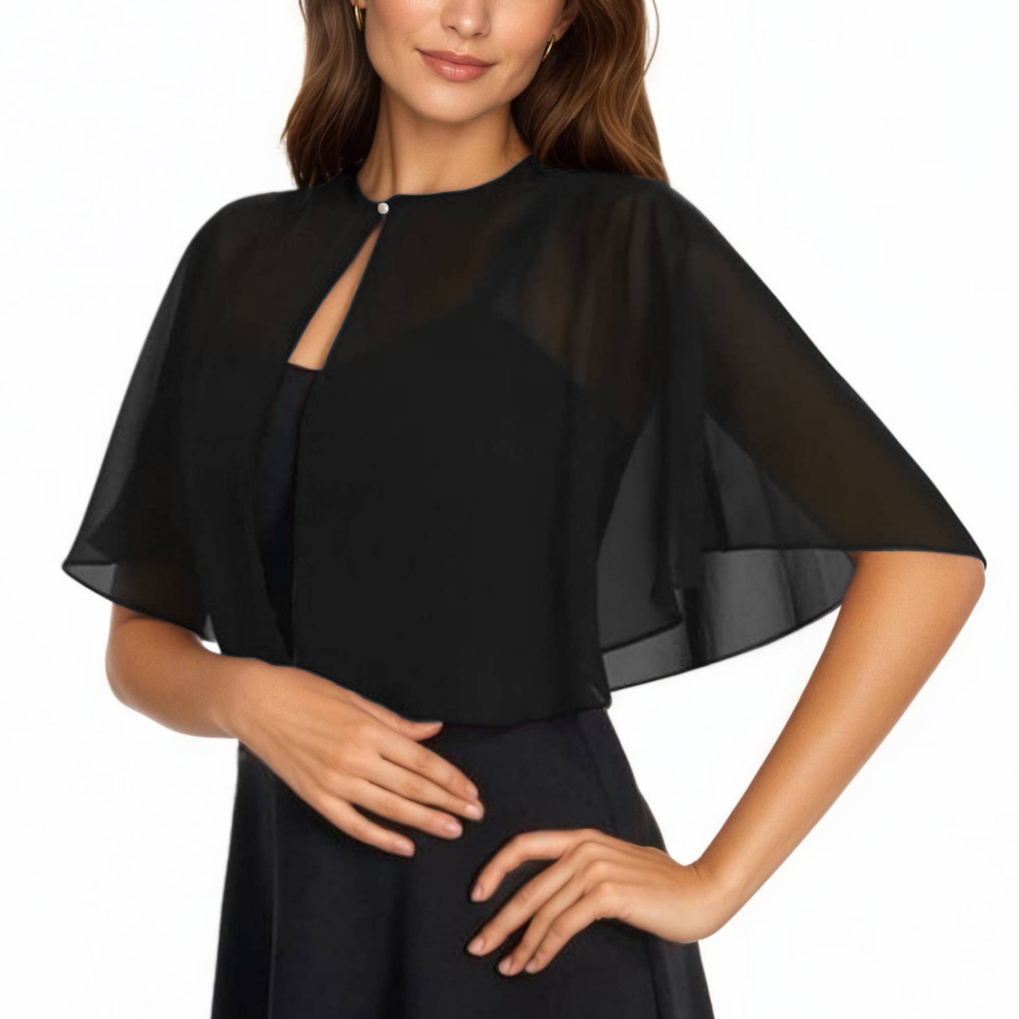 Sheer Flutter Sleeve Capelet Topper with Flowing Layered Sil