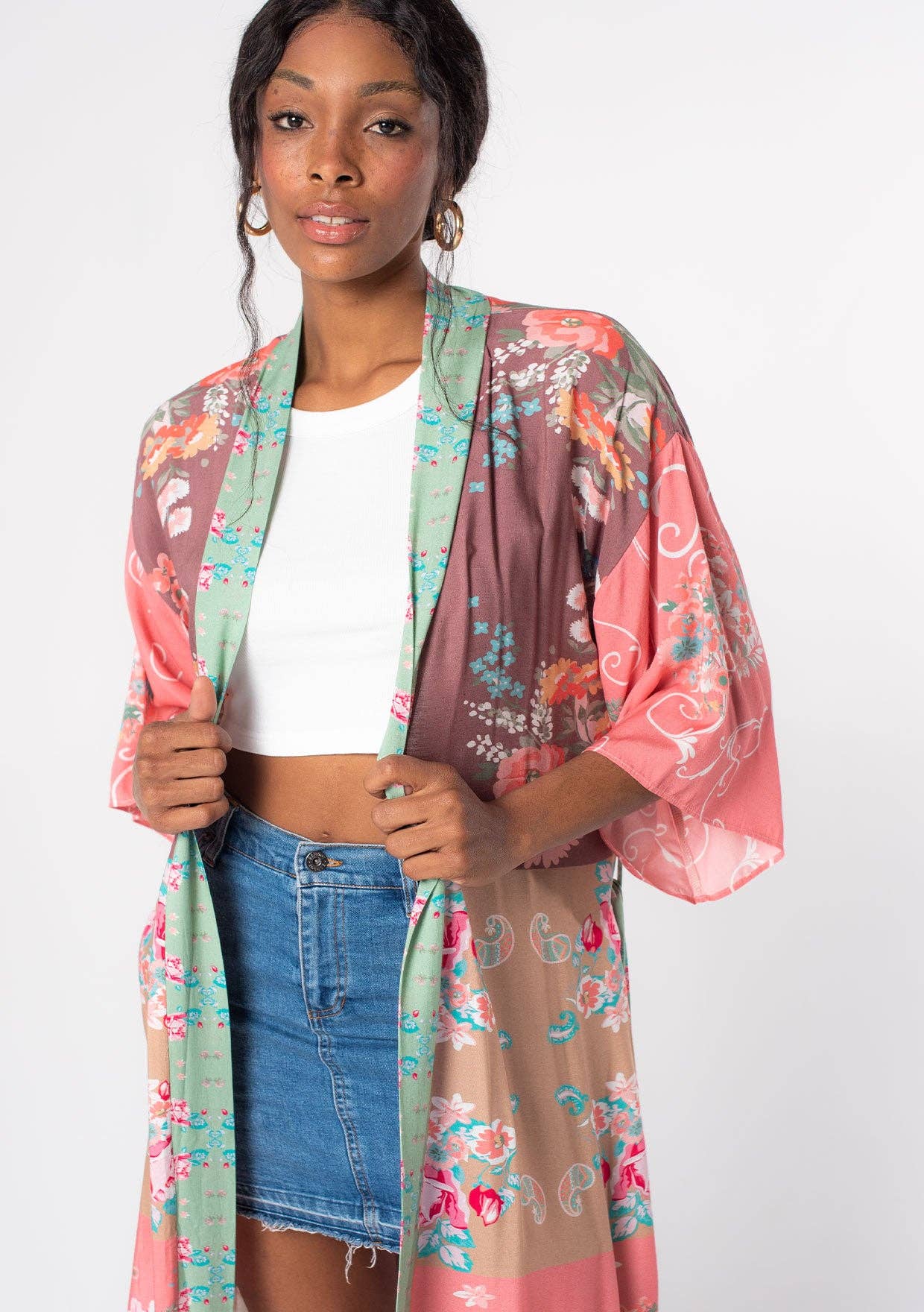 Floral Patchwork Self Tie Maxi Kimono