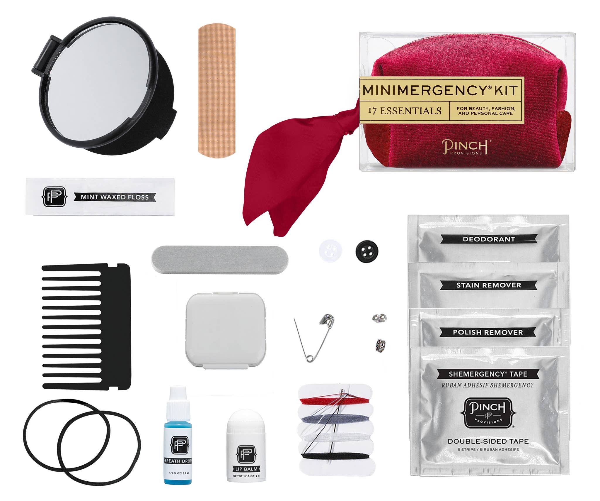 Velvet Scarf Minimergency Kit with essentials including mirror, bandage, floss, comb, nail file, deodorant, and sewing supplies in red pouch