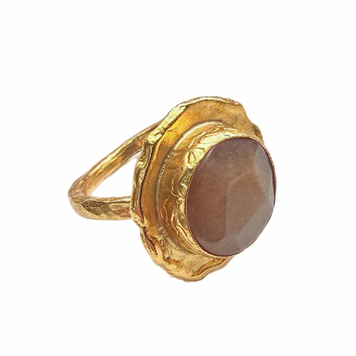 Orange Quartz Cocktail Ring - Mercan with a sculptural gold tone setting and polished orange quartz stone