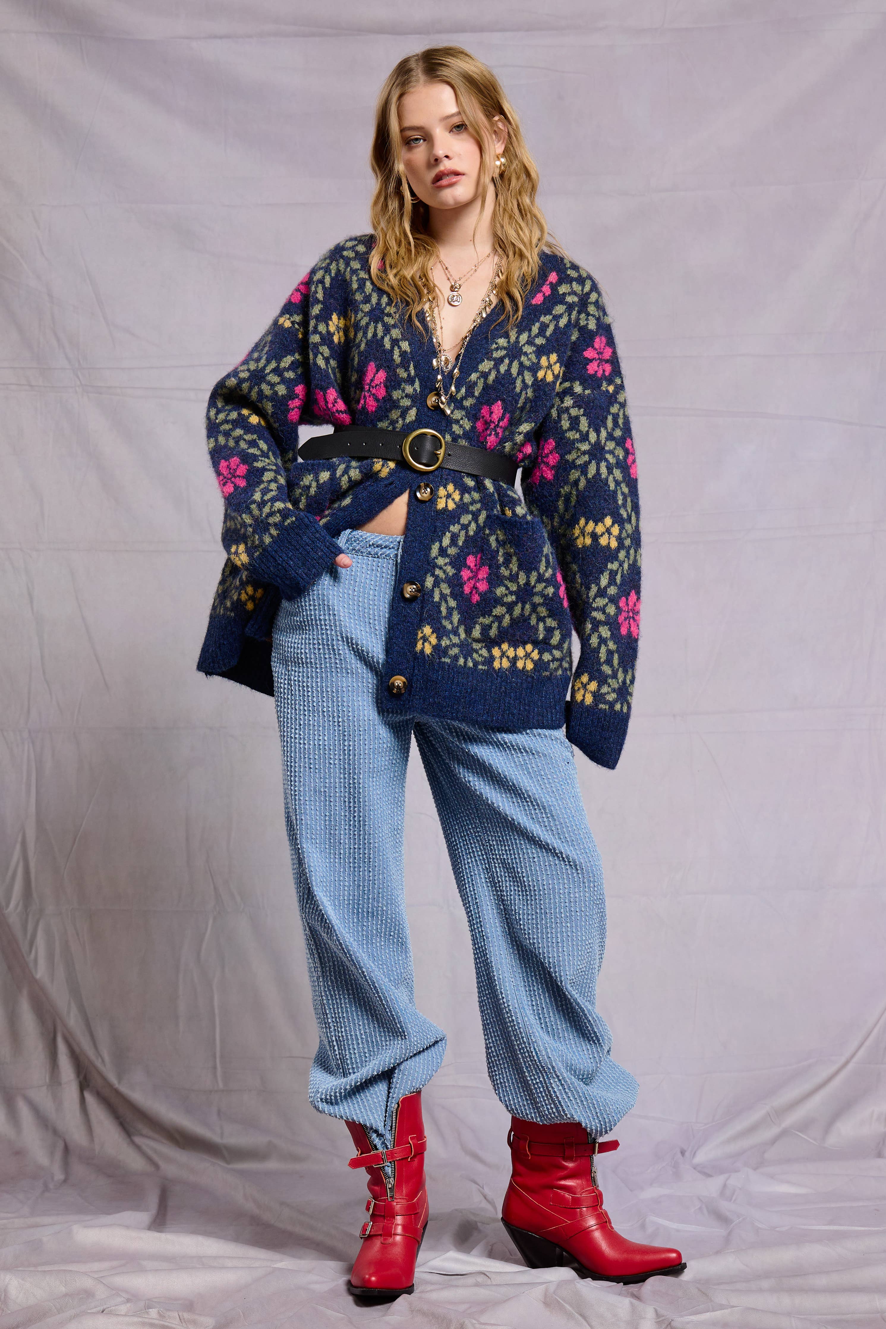 Retro Floral Print Fuzzy Knit Cardigan