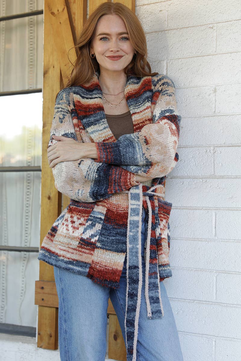 ANGIE Wide Collar Sweater Jacket with Waist Tie