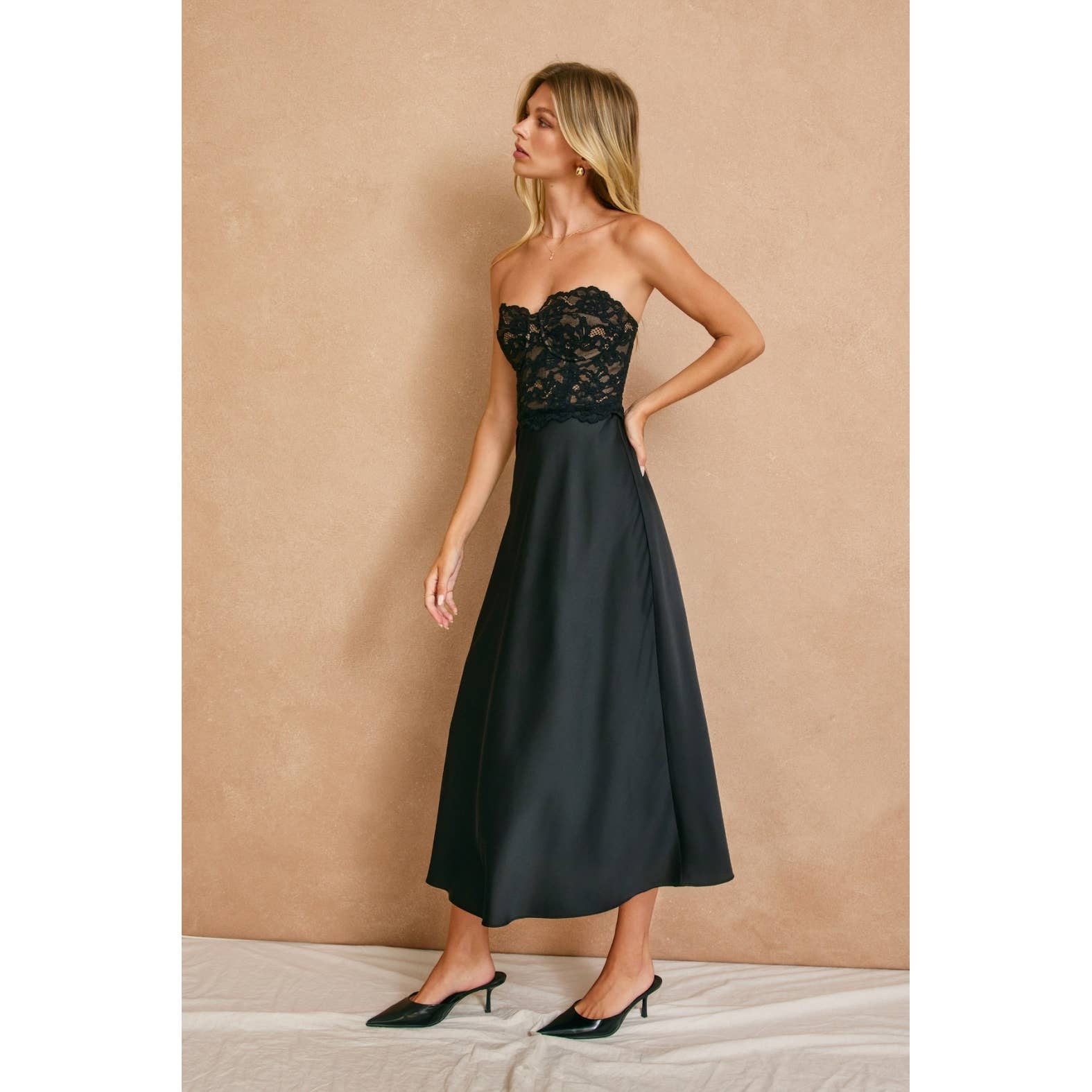 Quiet Luxe Convertible Lace and Satin Midi Dress