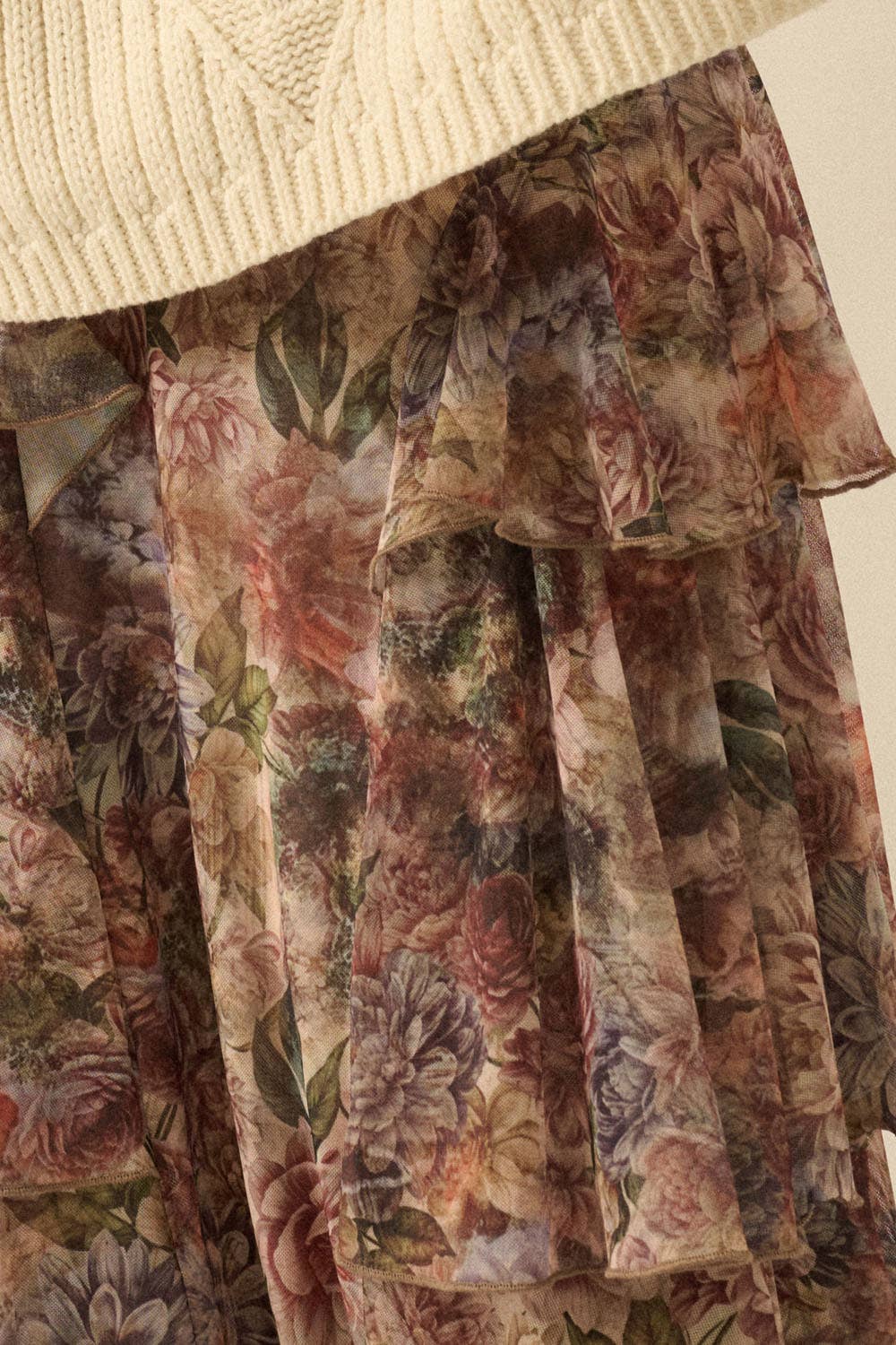 Floral-Print Mesh Tiered Side-Ruffle Maxi Skirt