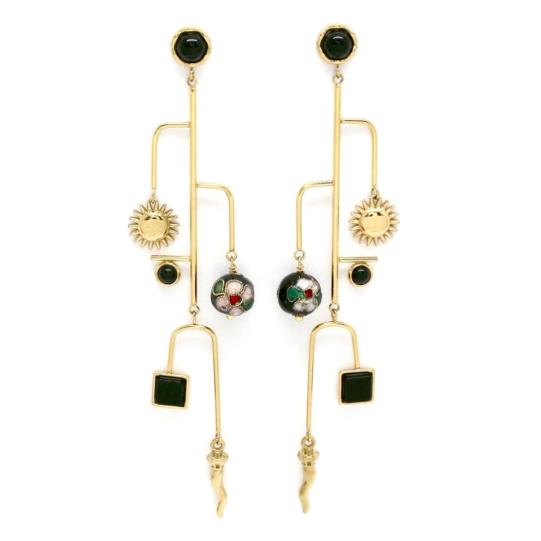 Museum Style Sun and Pepper Mobile Earrings with gold sun charms and colorful artistic beads in an elegant mobile design