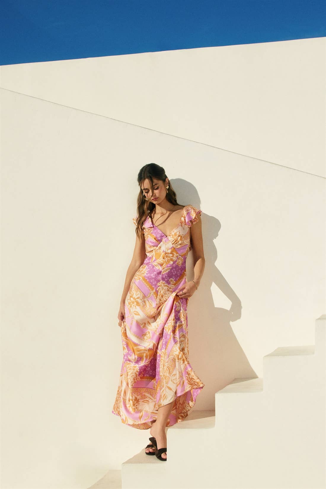 Floral Scarf Flutter Open Back Maxi Dress