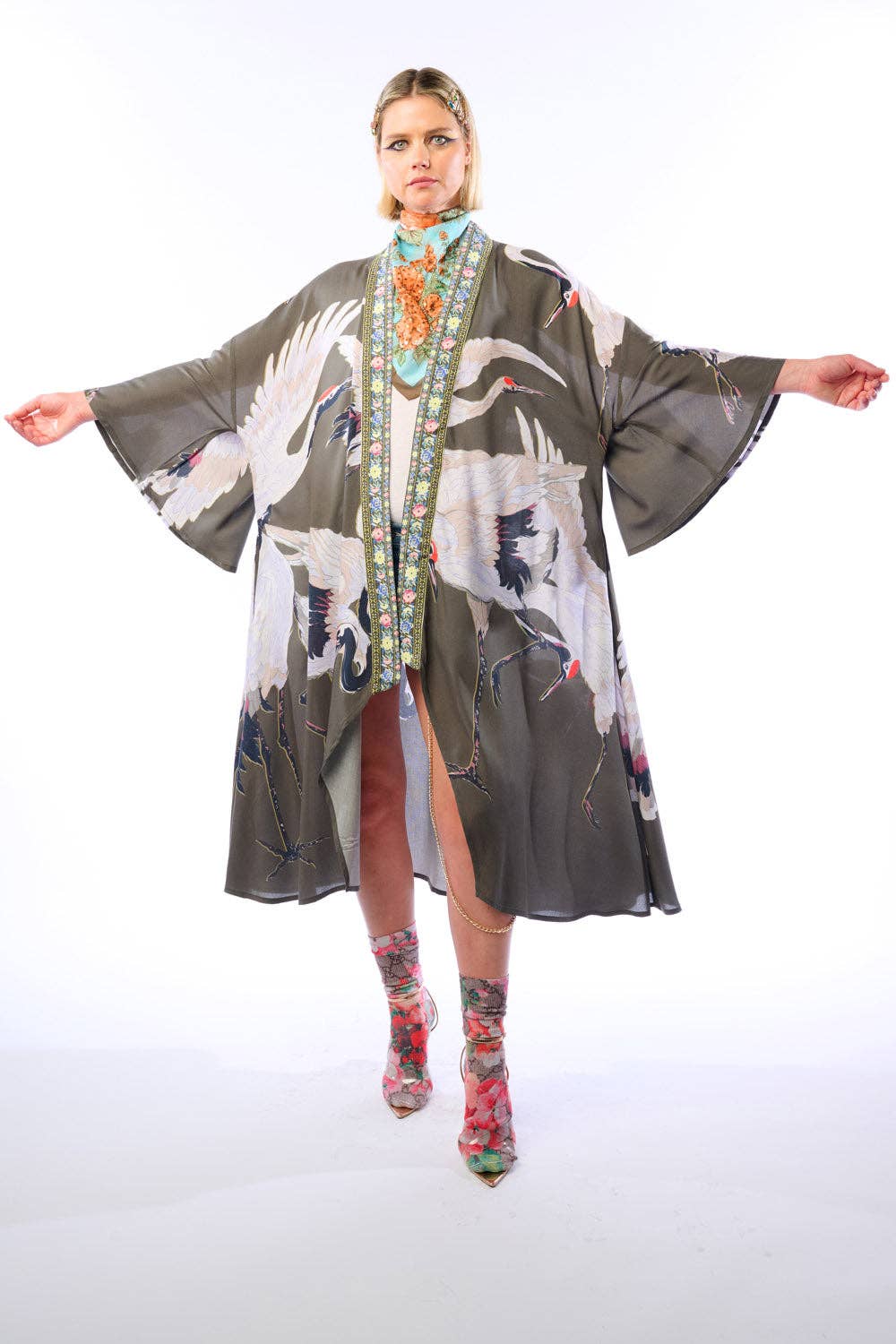 Story of the Crane Kimono - Charcoal | Bohemian Coverup Robe