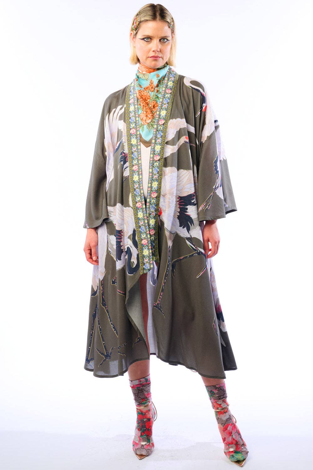 Story of the Crane Kimono - Charcoal | Bohemian Coverup Robe