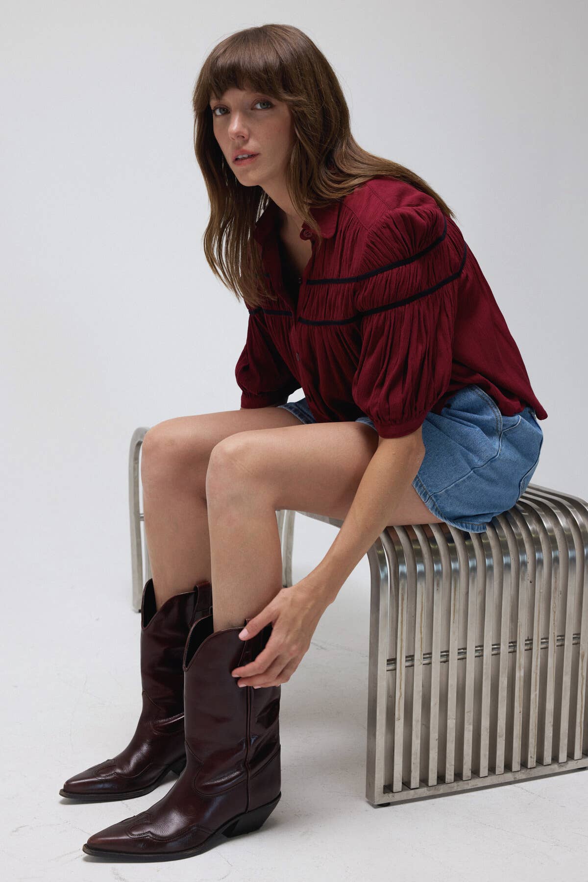 Textured Pleated Button-Down Blouse