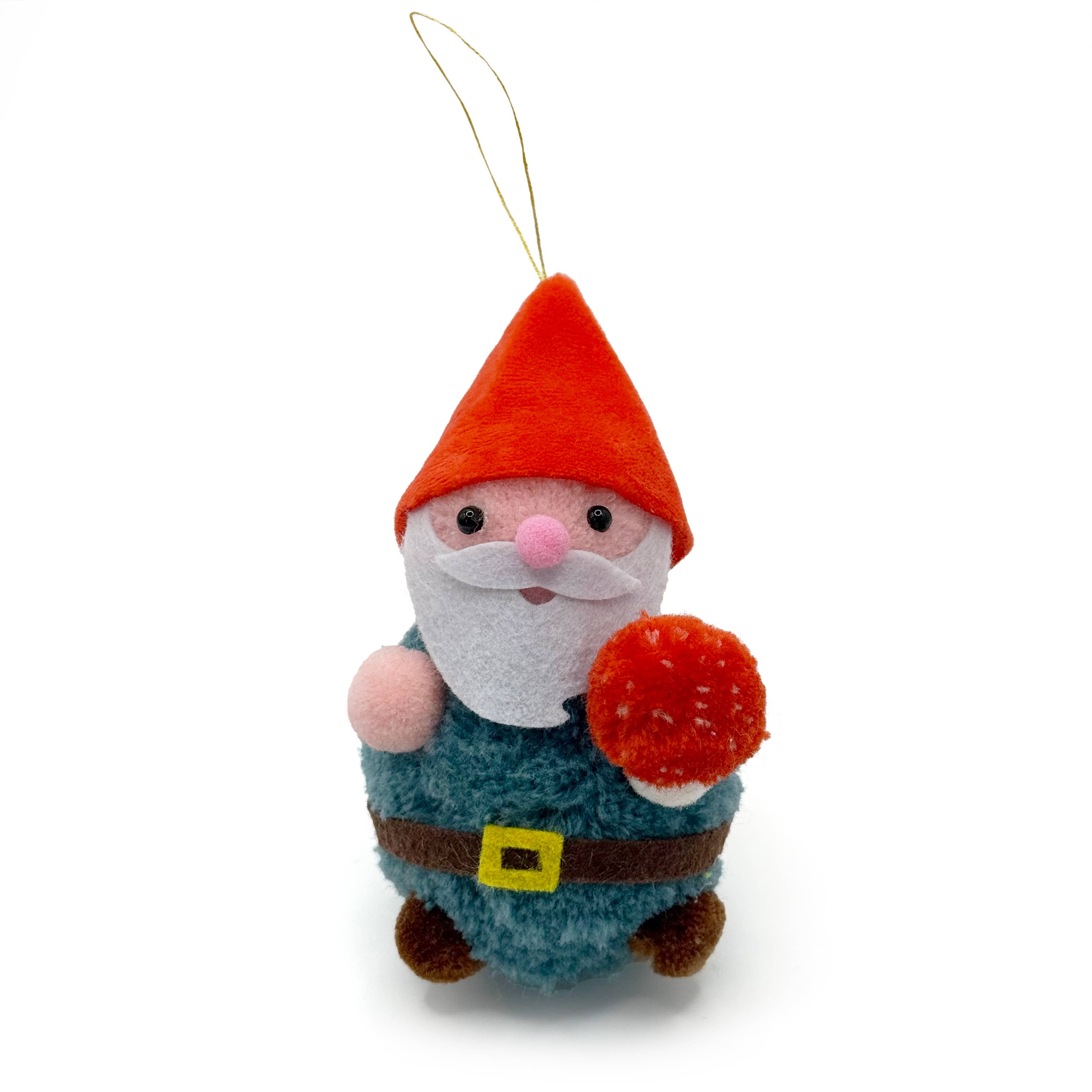 Mushroom Gnome Pom Pom Ornament featuring a cute gnome with red hat and holding a red pom pom, soft textured fabric design.