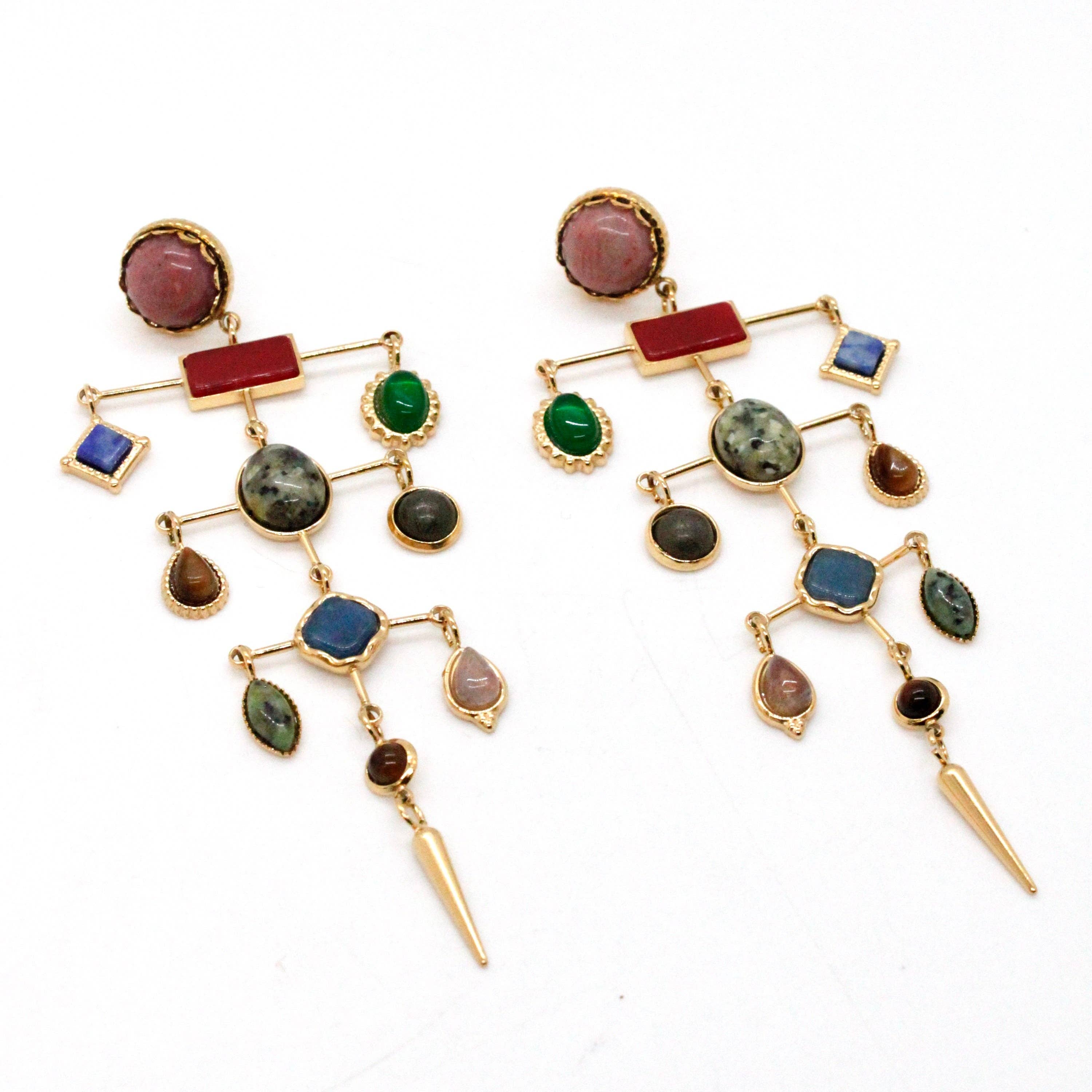 Museum Style Artsy Semi Precious Stone Mobile Earrings with colorful stones and gold-tone geometric dangles in an artistic design