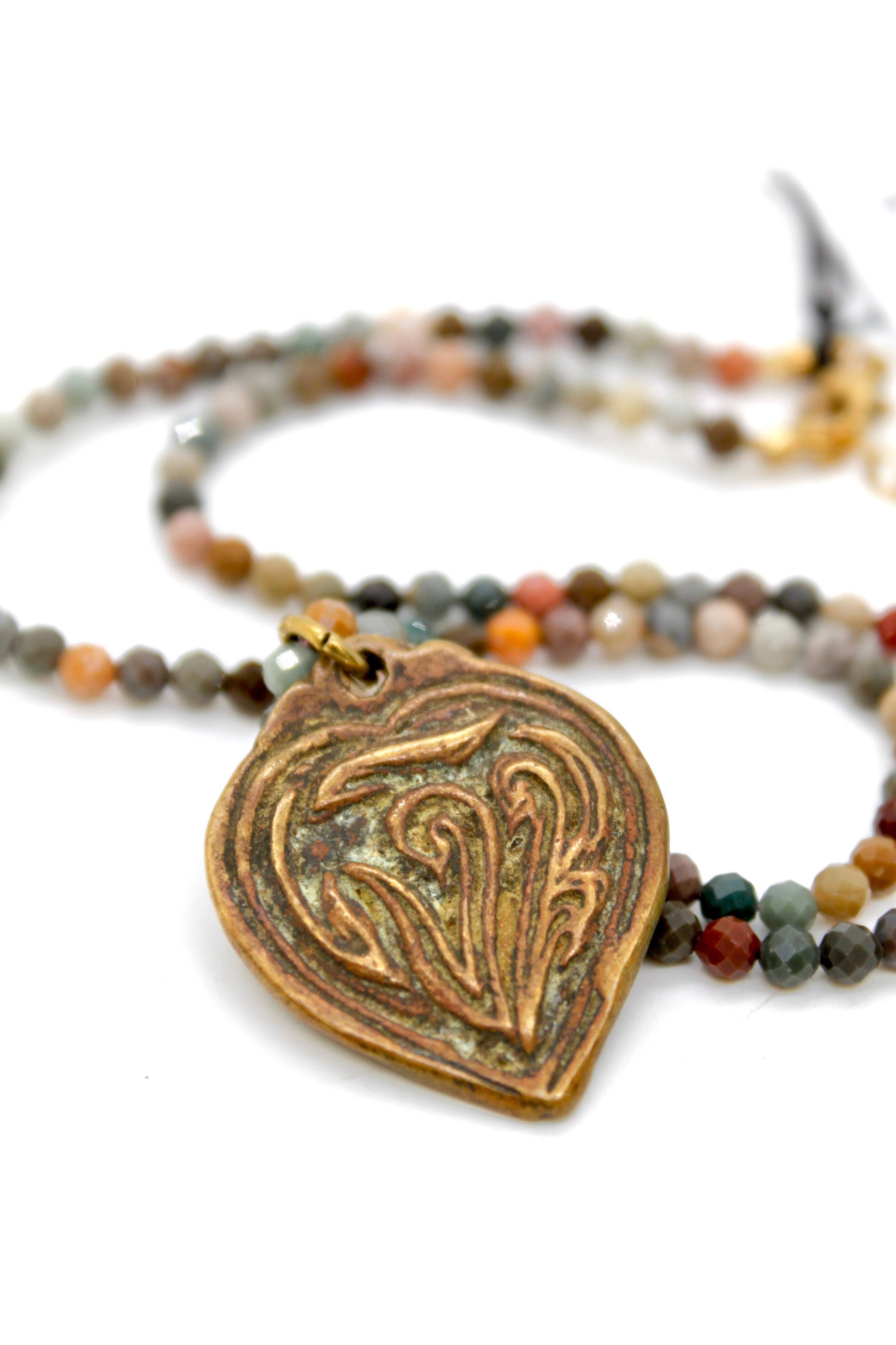 Buddha Necklace 121 - Faceted Alashan Agate Stone Necklace with detailed bronze pendant and multicolored beads