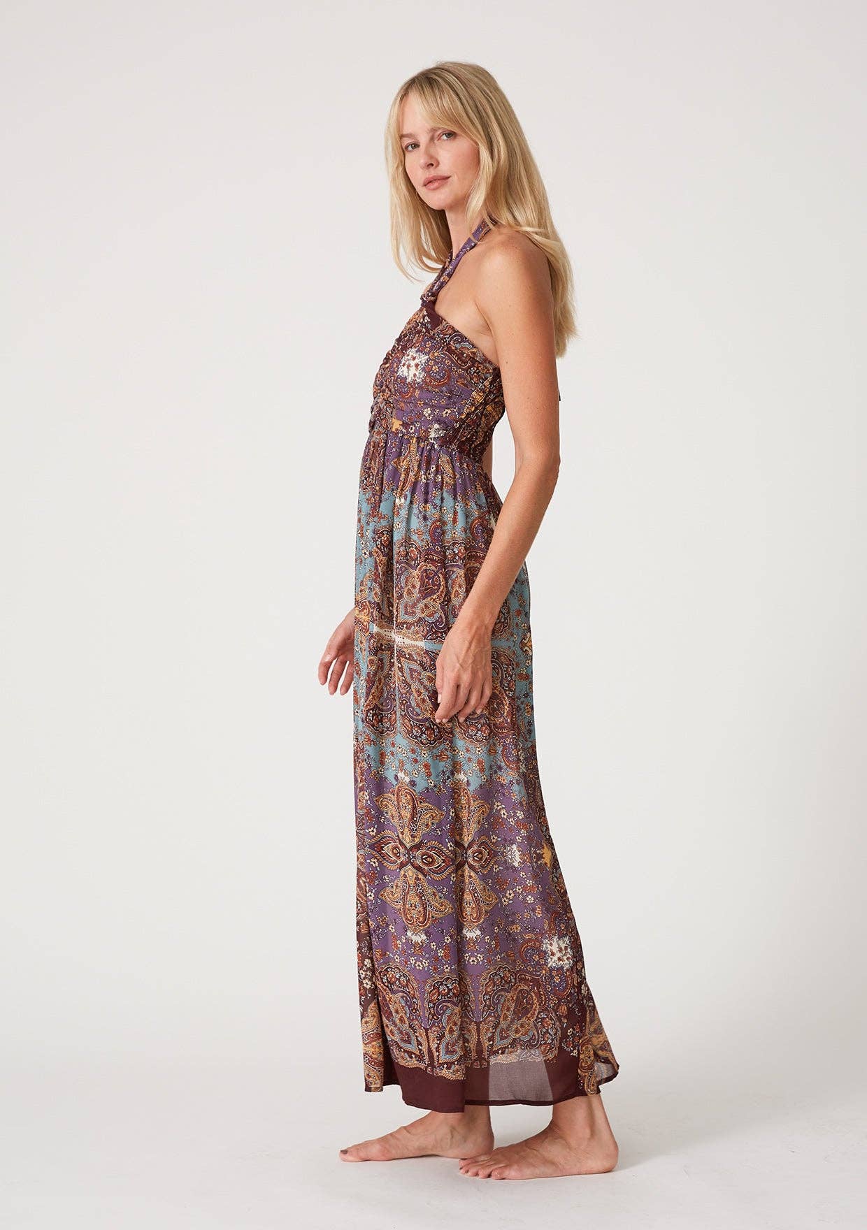 Bohemian Floral Smocked Halter Maxi Dress