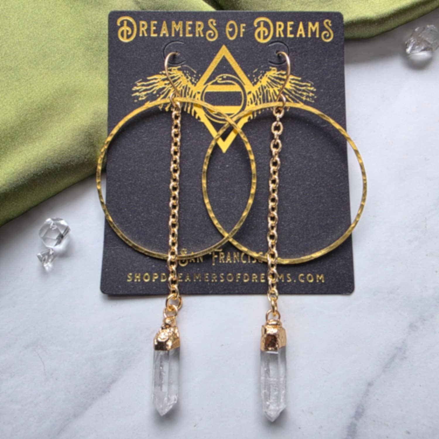 Quartz + Chain Gold Pendulum Hoops