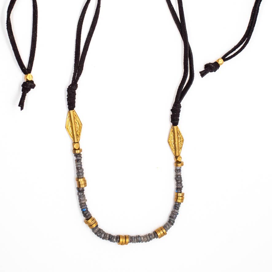 Stone & Leather Necklace featuring gold accents and gray beads on black leather cords with adjustable knots