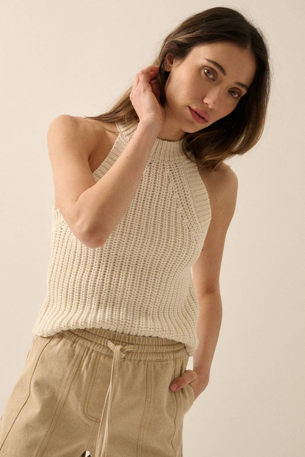 Solid Rib-Knit Halter Racerback Sweater Tank Top