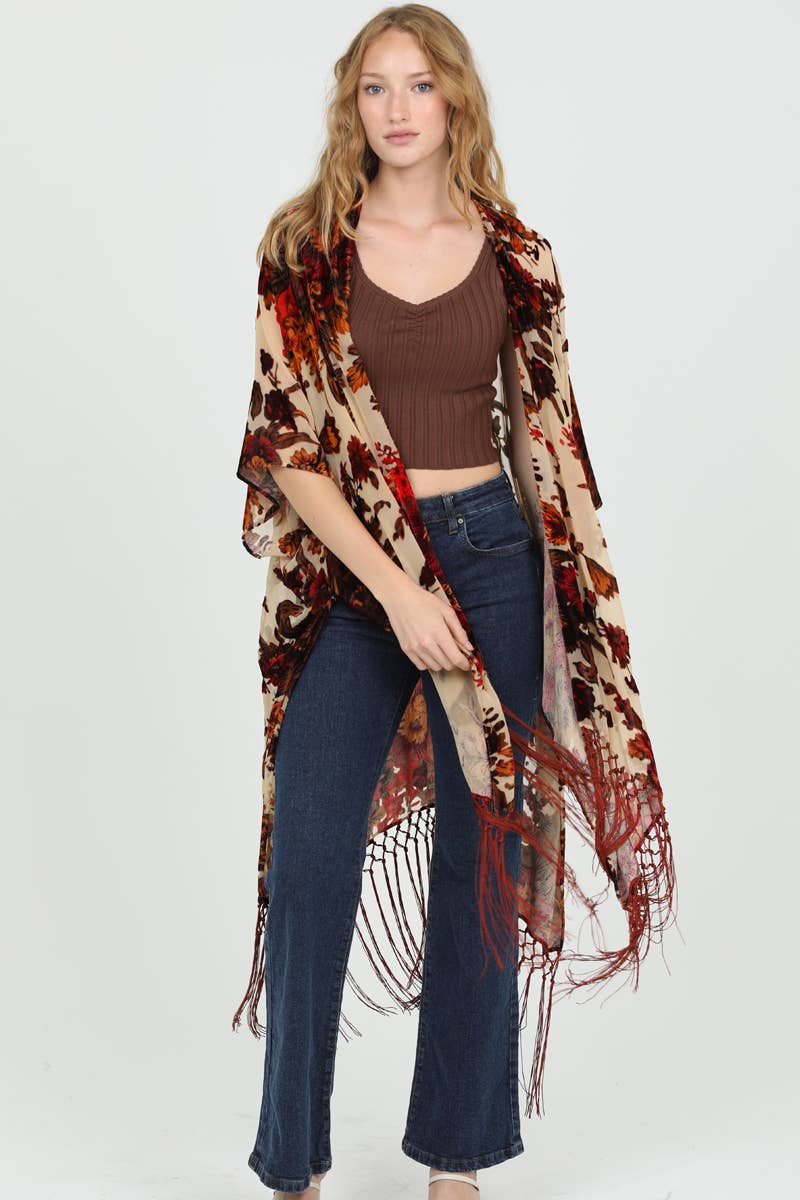 X2ED8-ASIS BURNOUT VELVET FRINGE HEM KIMONO