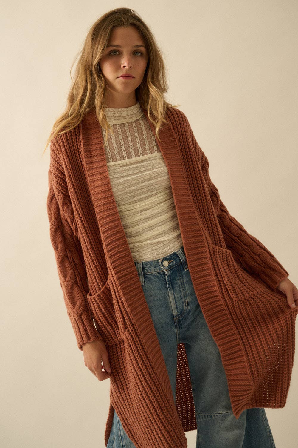 Solid Rib Knit Open Front Cable Knit Cardigan