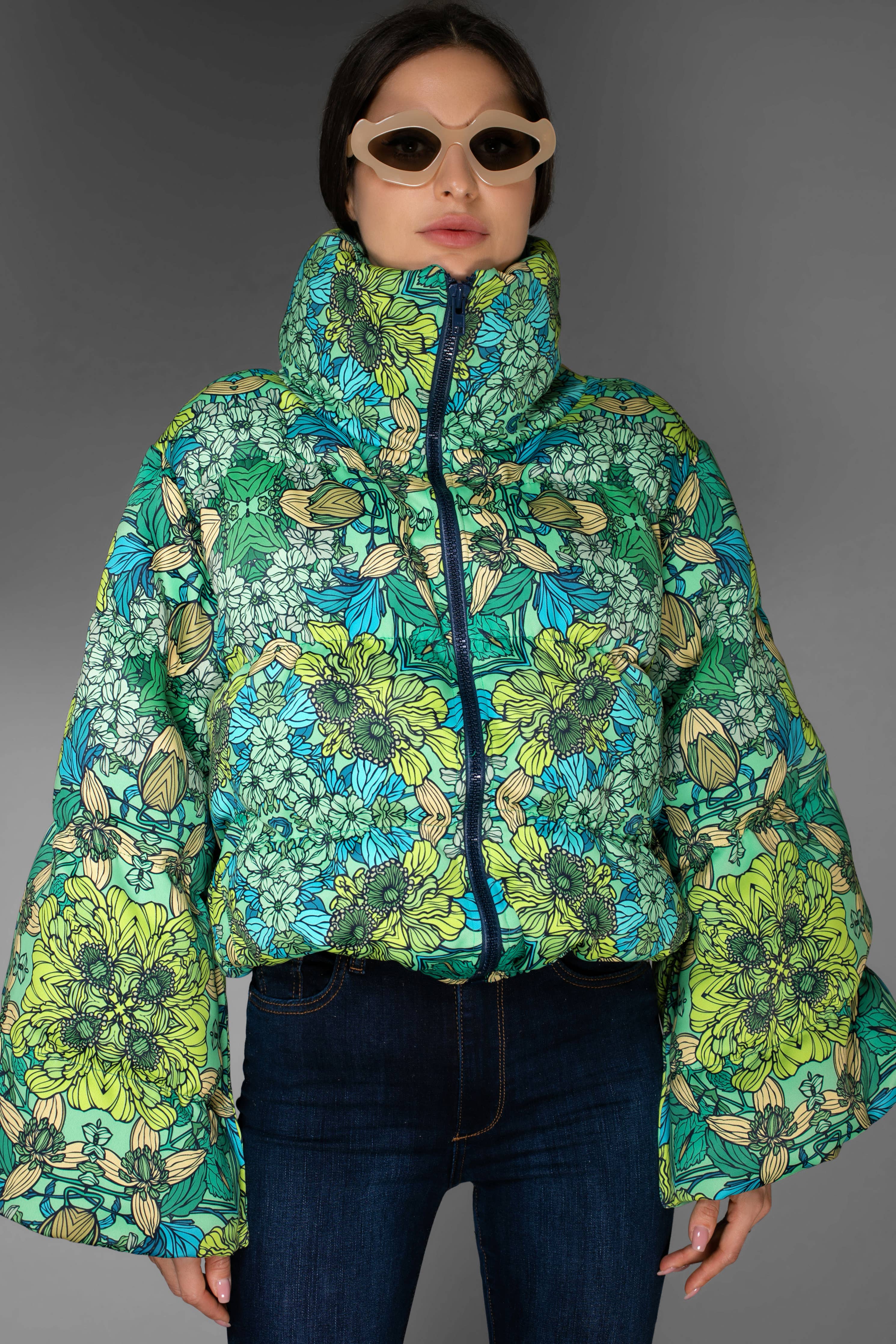 Mint Green Floral Printed Puffer Jacket