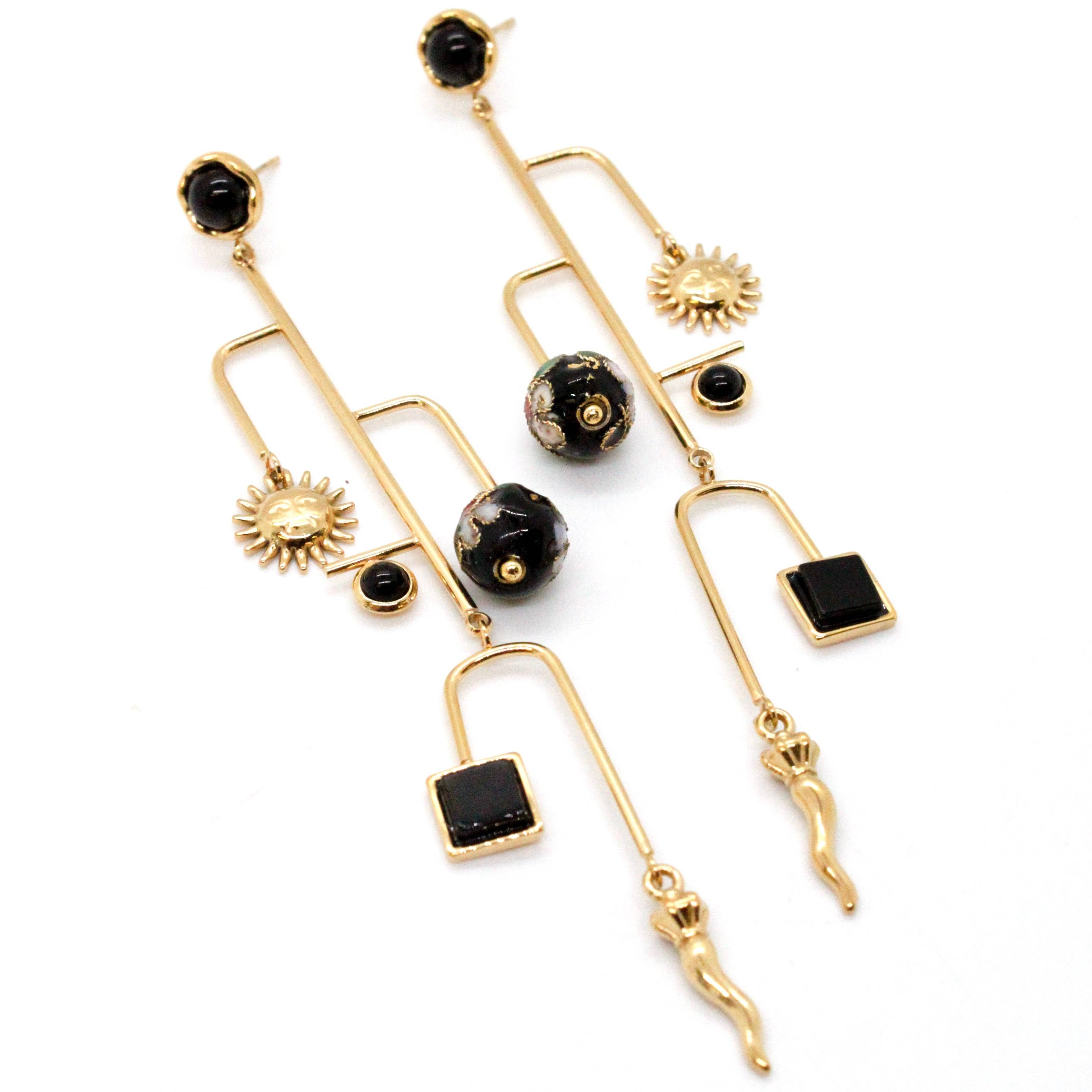 Museum Style Sun and Pepper Mobile Earrings with black accents and gold geometric dangling elements for a bold look