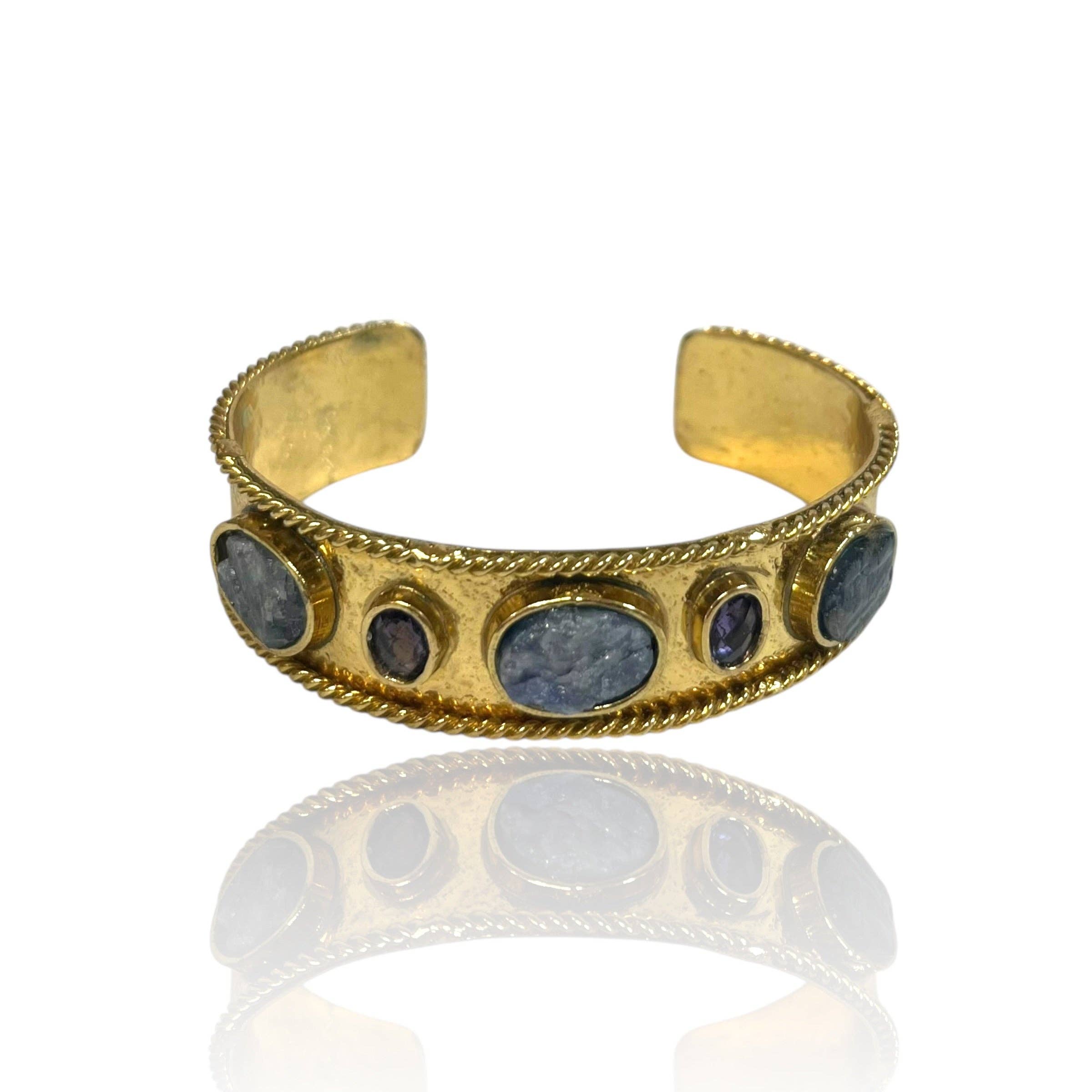Smoky Quartz Gem Cuff with gold-tone metal and polished smoky quartz stones in various sizes and shapes