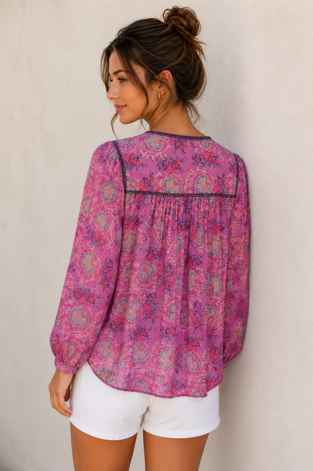 24112311-Pink Floral Split-Neck Boho Blouse with Contrast Tr