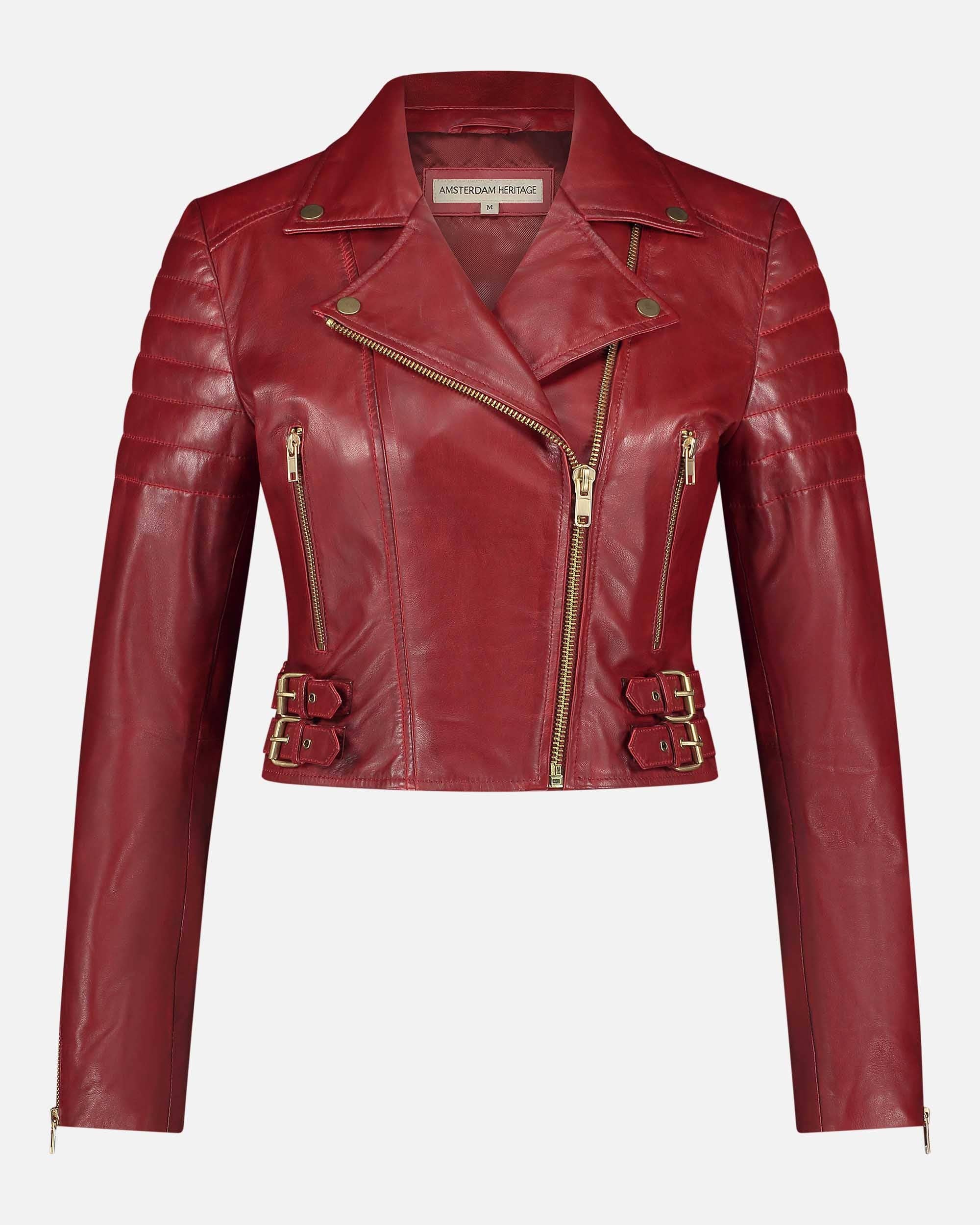 Eureka | Leather Biker Jacket in rich red with gold-tone zippers, quilted sleeves, and buckle details at the waist.