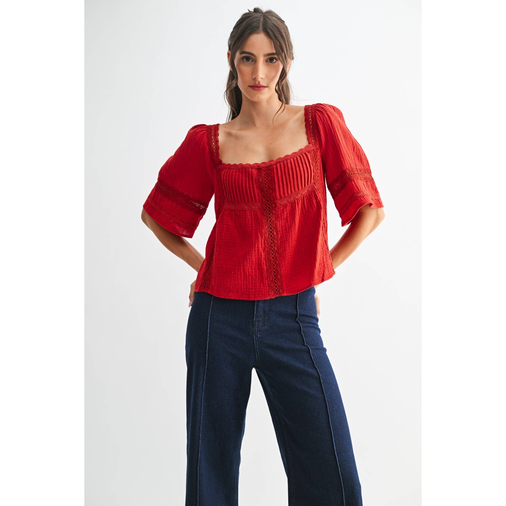 SCARLET LACE-TRIMMED RED BLOUSE