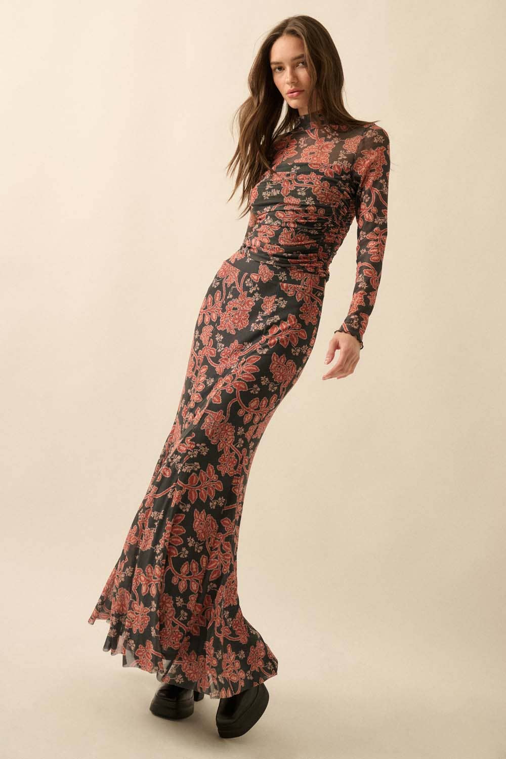 Floral-Print Mesh Godet Mermaid Maxi Skirt