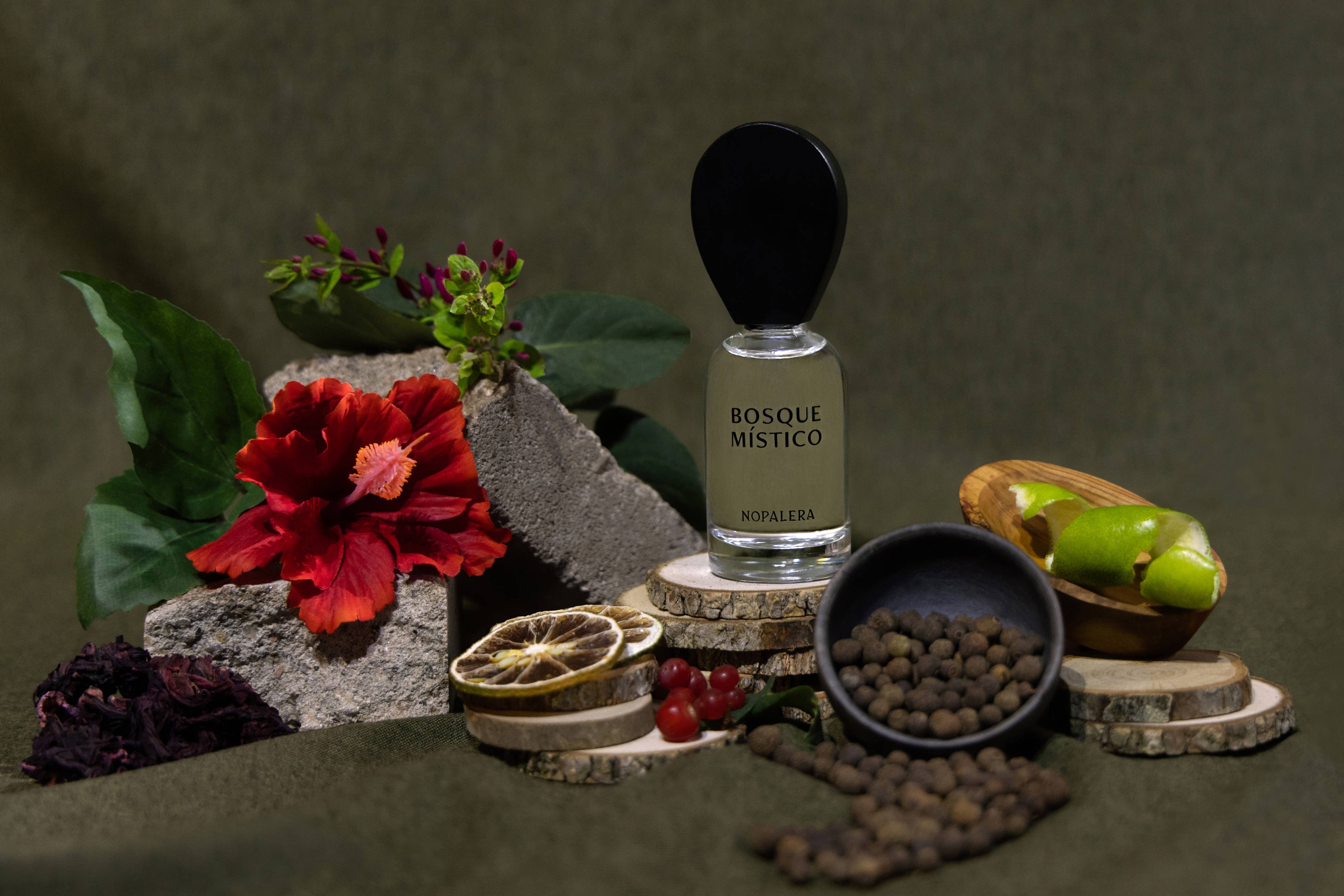 The Bosque Místico Eau de Parfum – 10mL Travel Spray by Nopalera rests among hibiscus, green leaves, dried citrus, berries, and lime peel atop concrete blocks—capturing the fresh spirit of Mexico’s mystical forests.