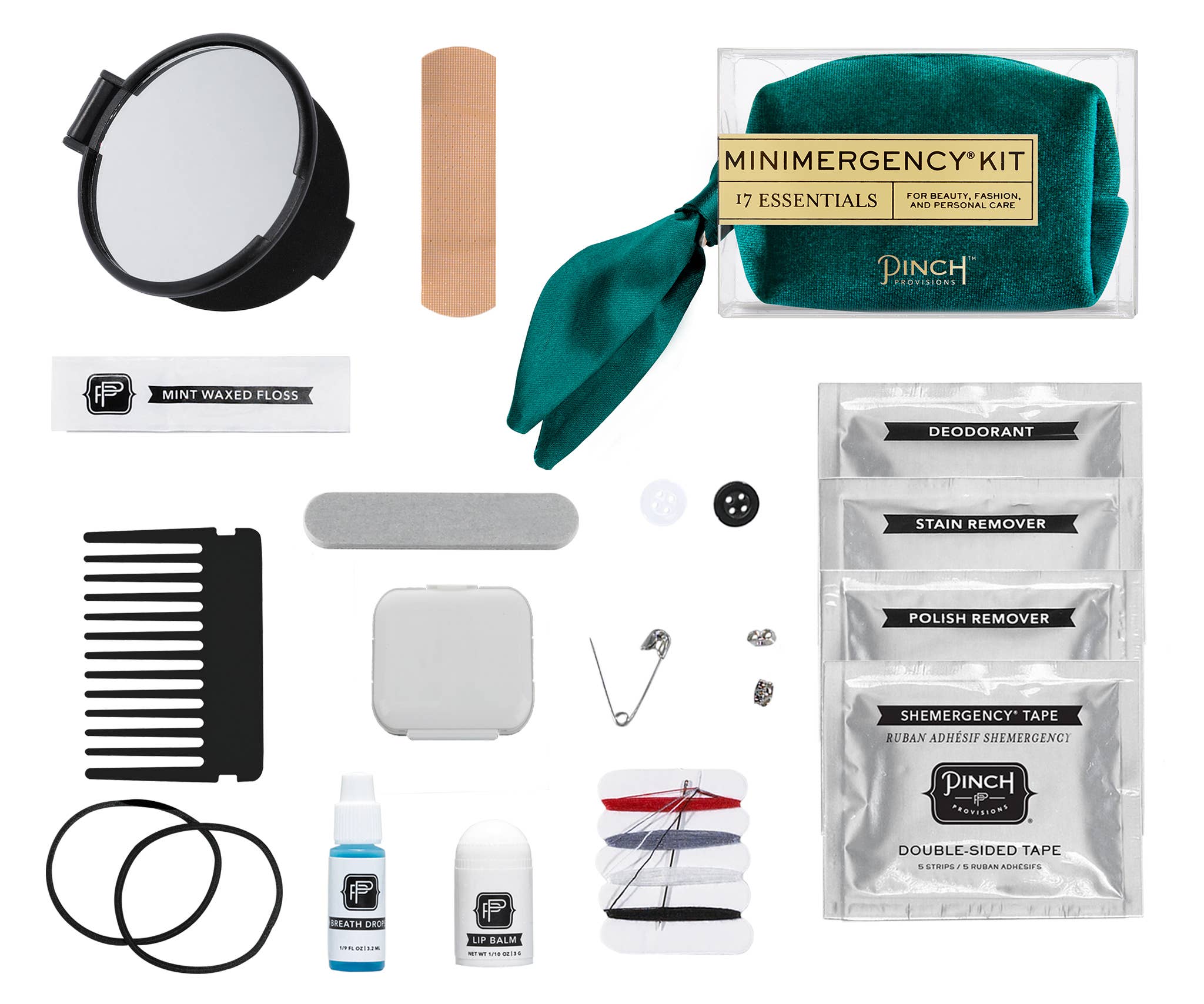 Velvet Scarf Minimergency Kit with compact beauty and personal care essentials neatly arranged on white background
