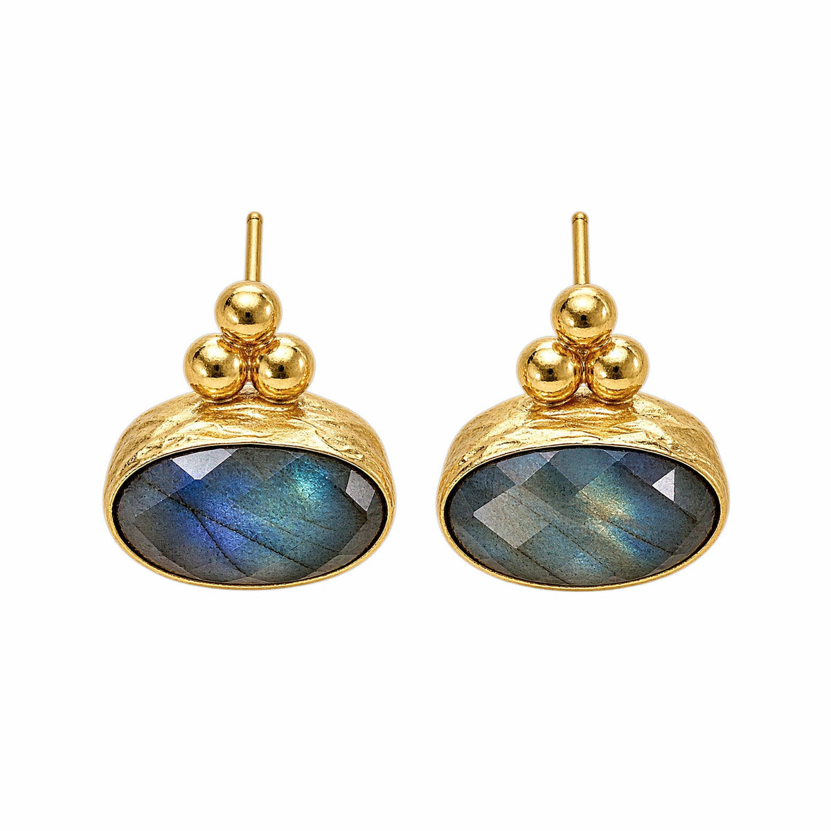 Ayleen Studs gold tone earrings with oval blue green gemstones and textured dome detail