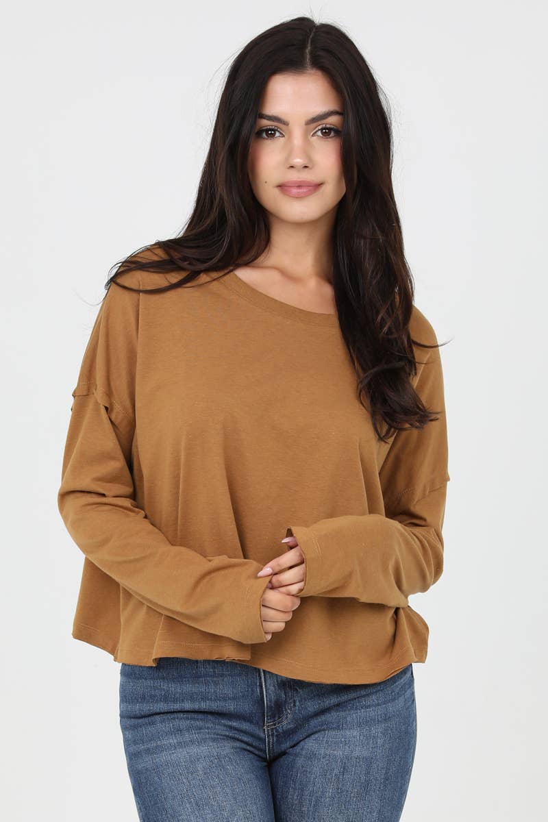 LONG SLEEVE SLUBBY KNIT TOP WITH RAW EDGES