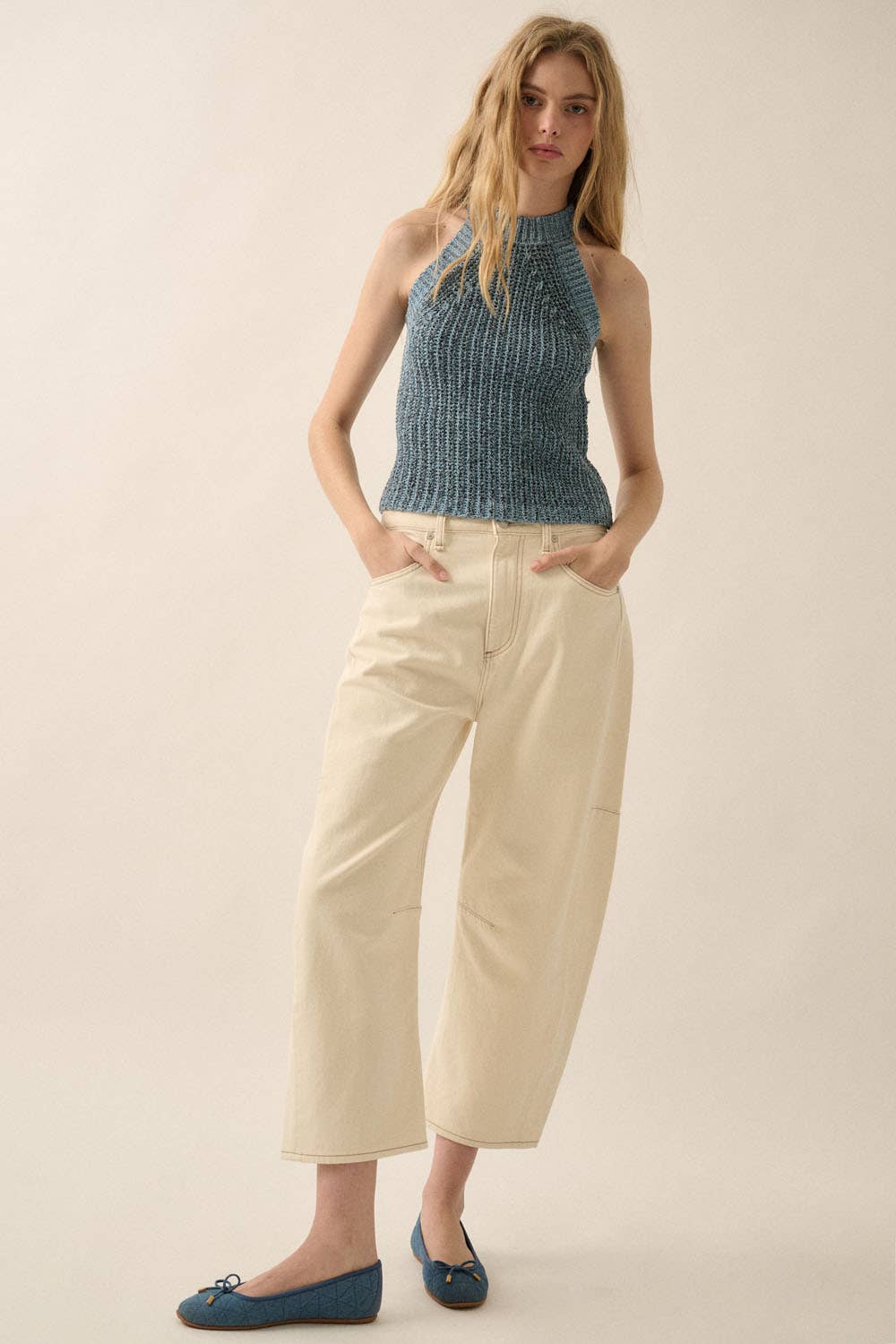 Solid Rib-Knit Halter Racerback Sweater Tank Top