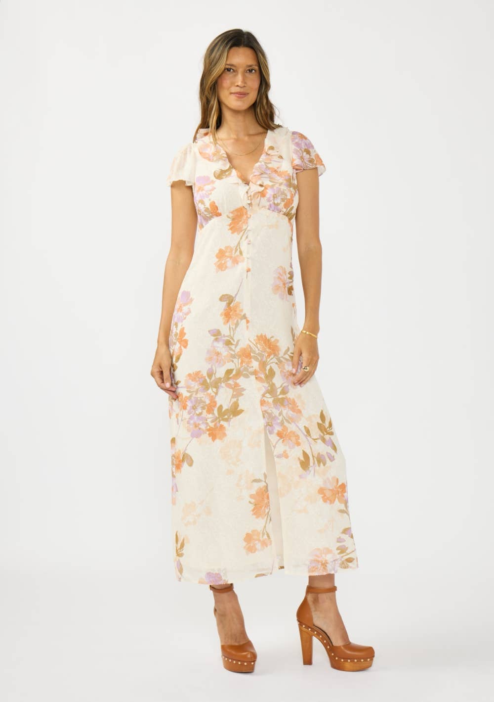 Ruffle V-Neck Button Front Maxi Dress