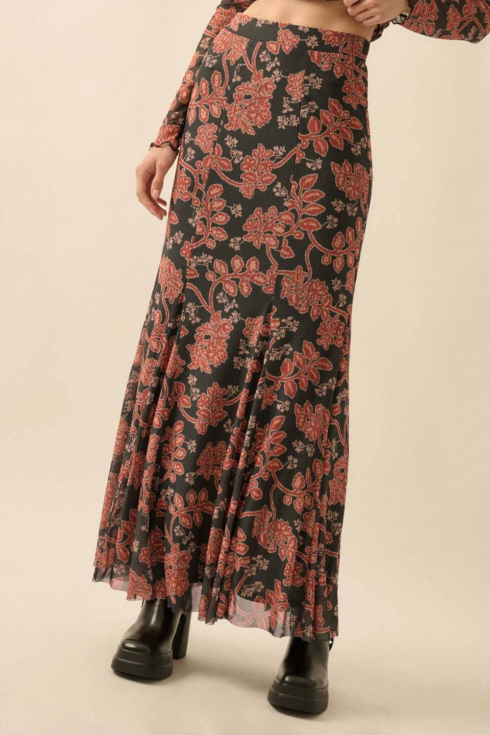 Floral-Print Mesh Godet Mermaid Maxi Skirt