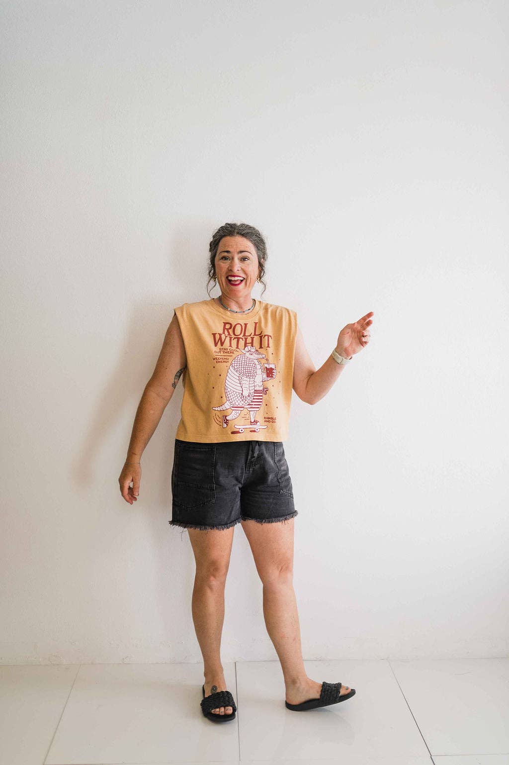 Roll with it armadillo | faded mustard boxy muscle tee