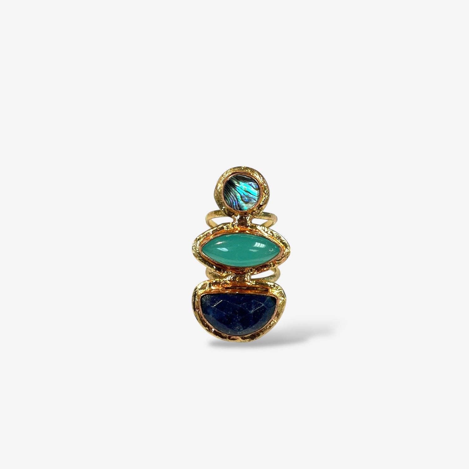 Elegant Cocktail Rings featuring vibrant blue, teal, and gold tones with a bold, artistic design statement piece