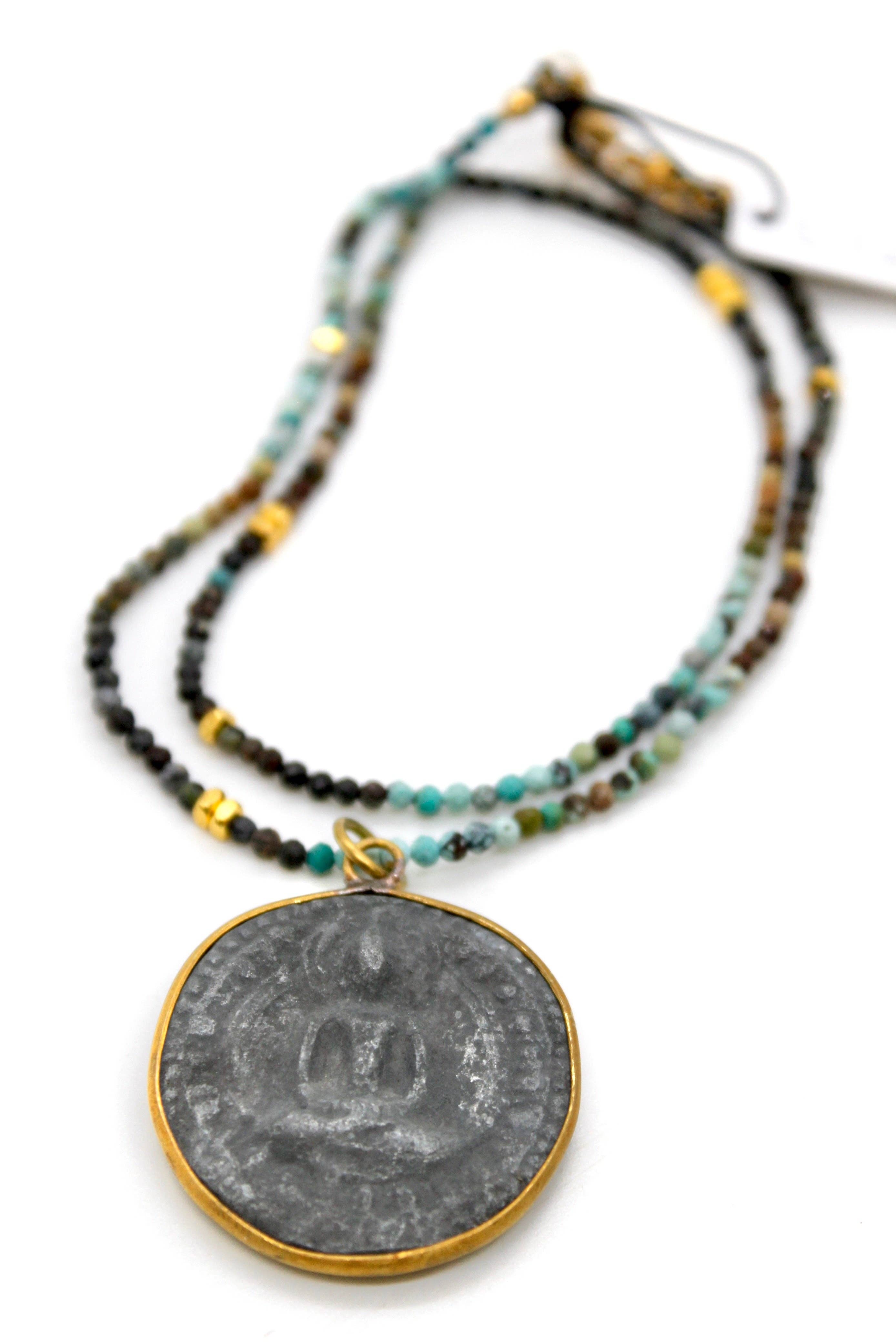 Buddha Necklace 43 - Gradient Turquoise with beaded strands and brass-edged Buddha pendant in soft turquoise hues