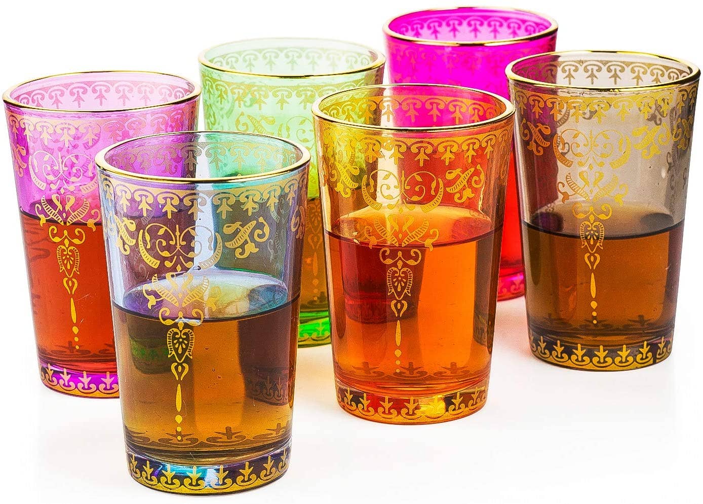 Moroccan Colored Tea/Coffee Glasses Multipurpose - 6 Set featuring vibrant colors and intricate gold patterns for stylish serving.