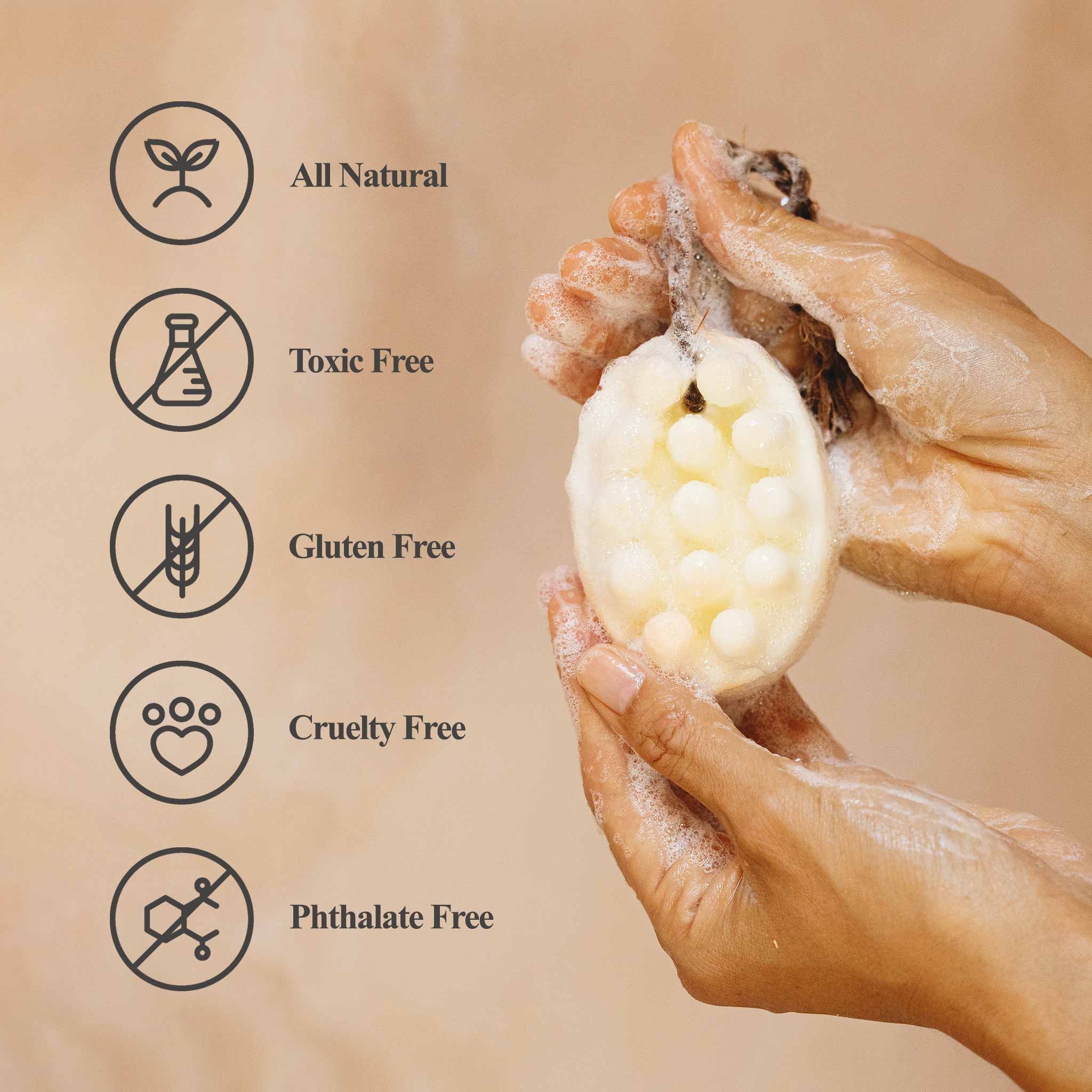 Hands lathering the Cedar and Myrrh Palo Santo + Shea Butter Bar Soap. Icons indicate: All Natural, Toxic Free, Gluten Free, Cruelty Free, Phthalate Free—ideal for sensitive skin.