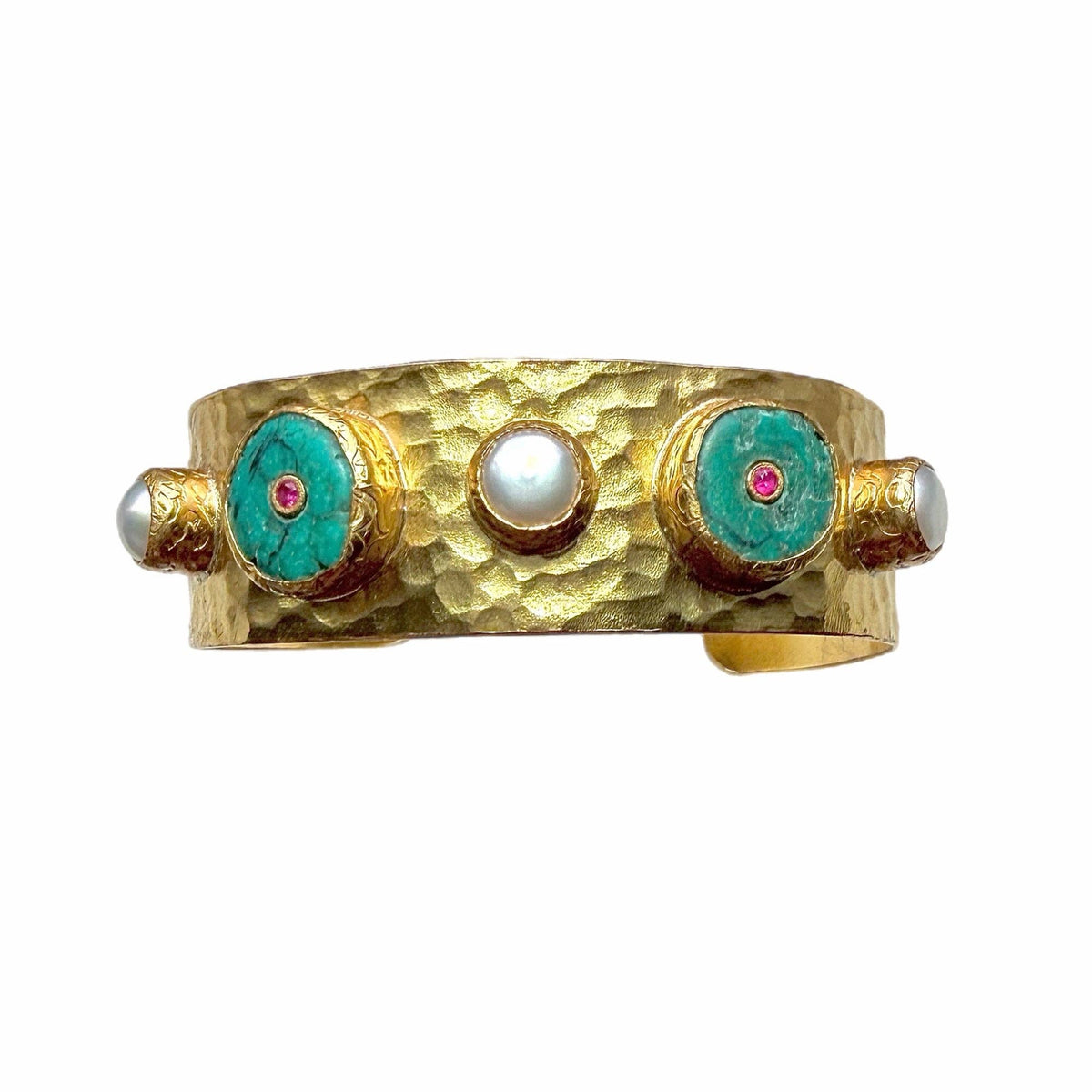 Turquoise and Pearl Cuff Bangle with hammered gold finish and artisan details