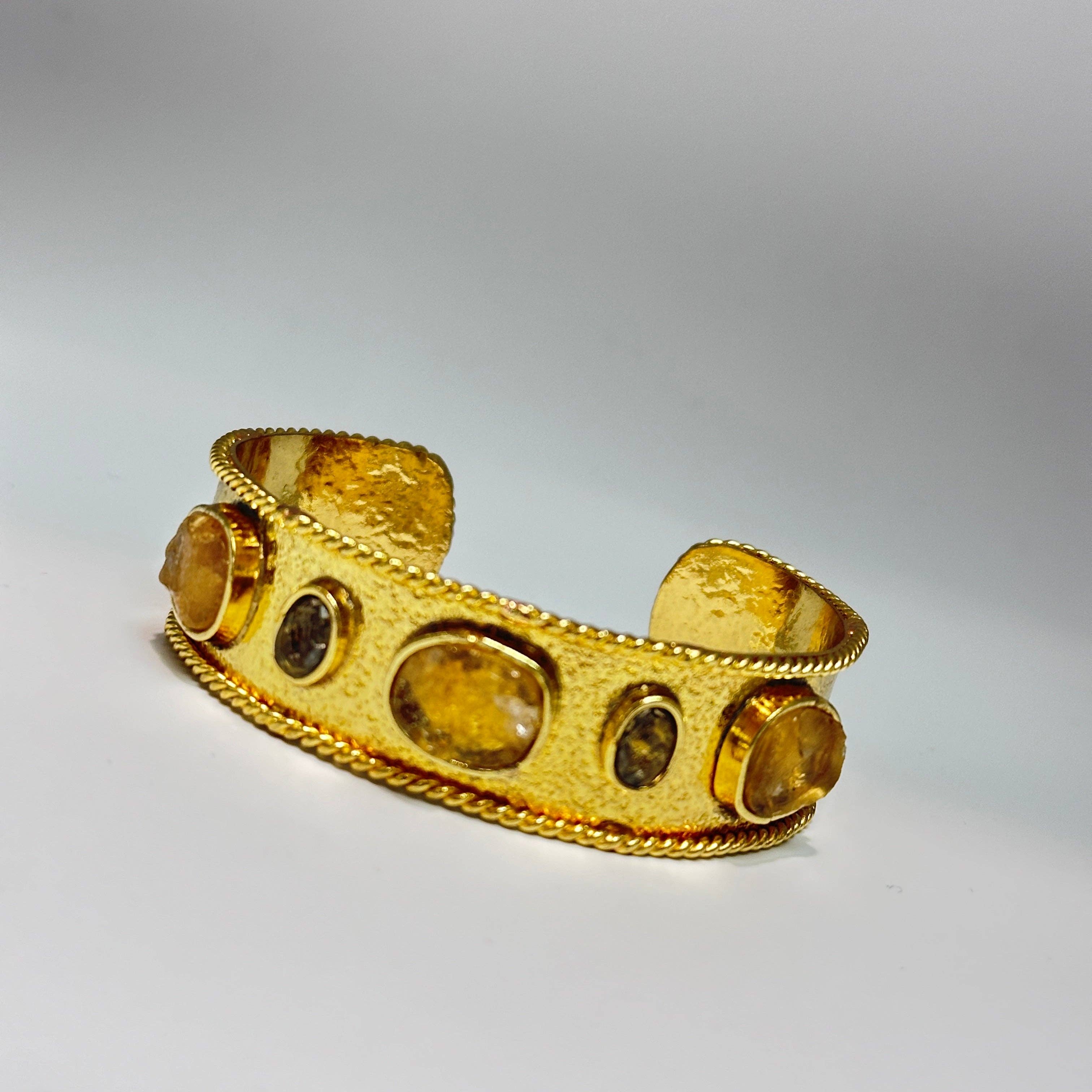 Smoky Quartz Gem Cuff with gold textured band and multiple polished smoky quartz stones for bold, elegant style