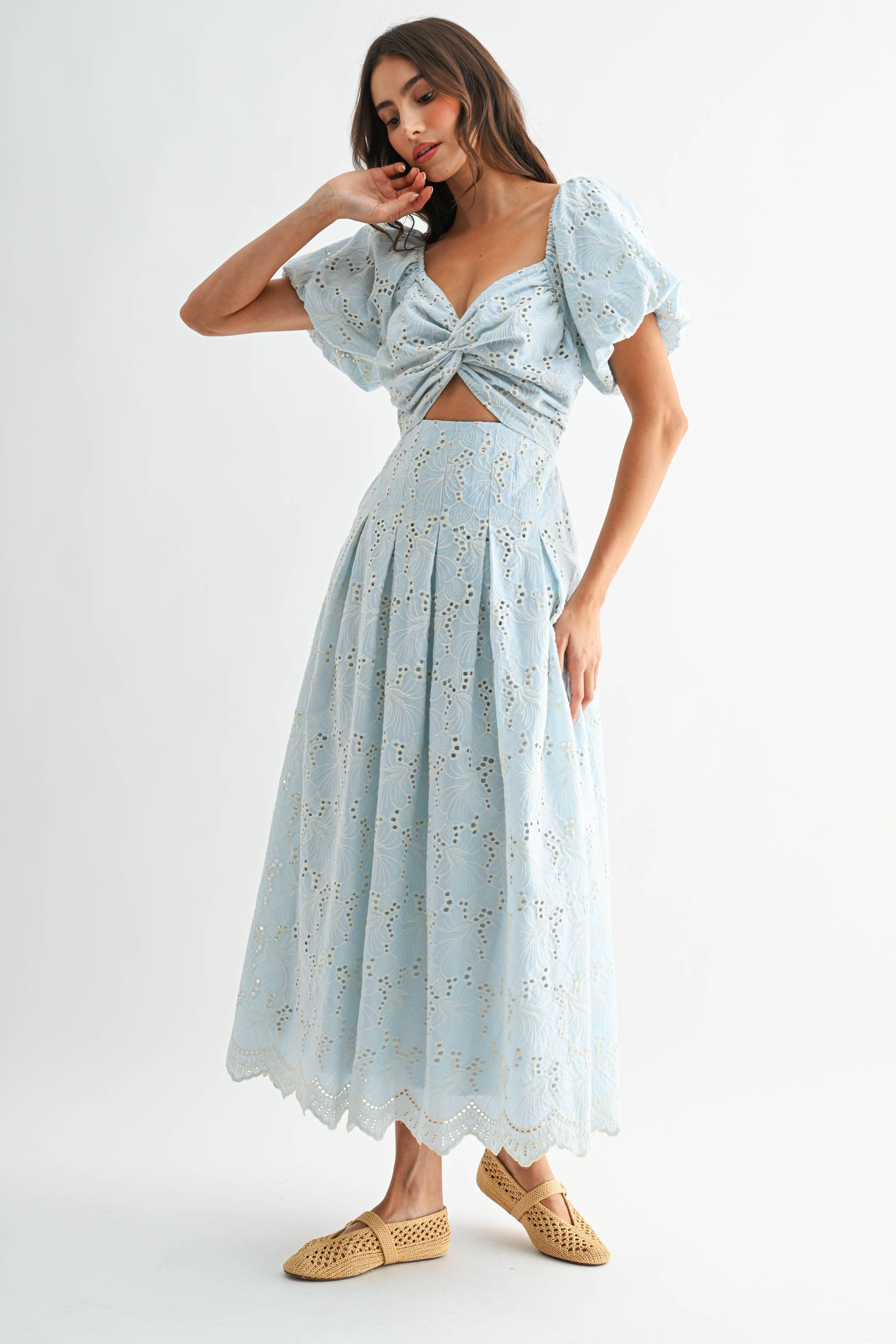 Eyelet Puff Sleeve Maxi Dress with Twist Front